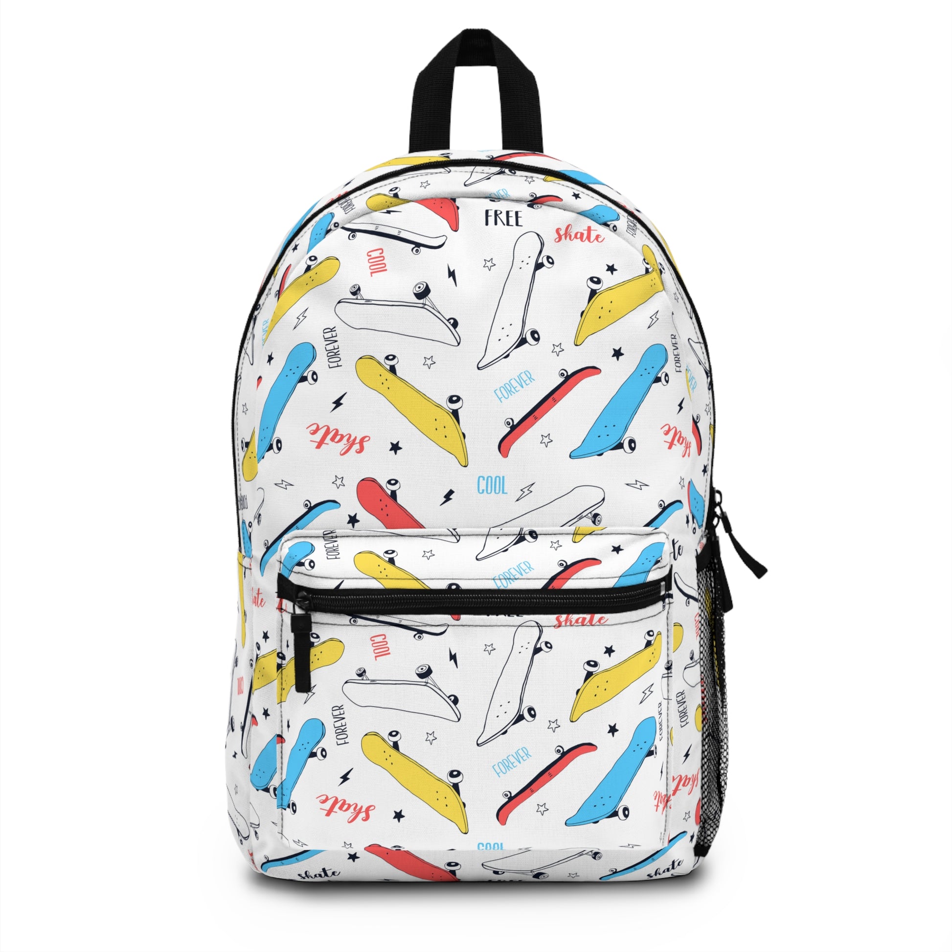 White backpack with colorful skateboard illustrations and graffiti-style words in red, blue, and yellow.