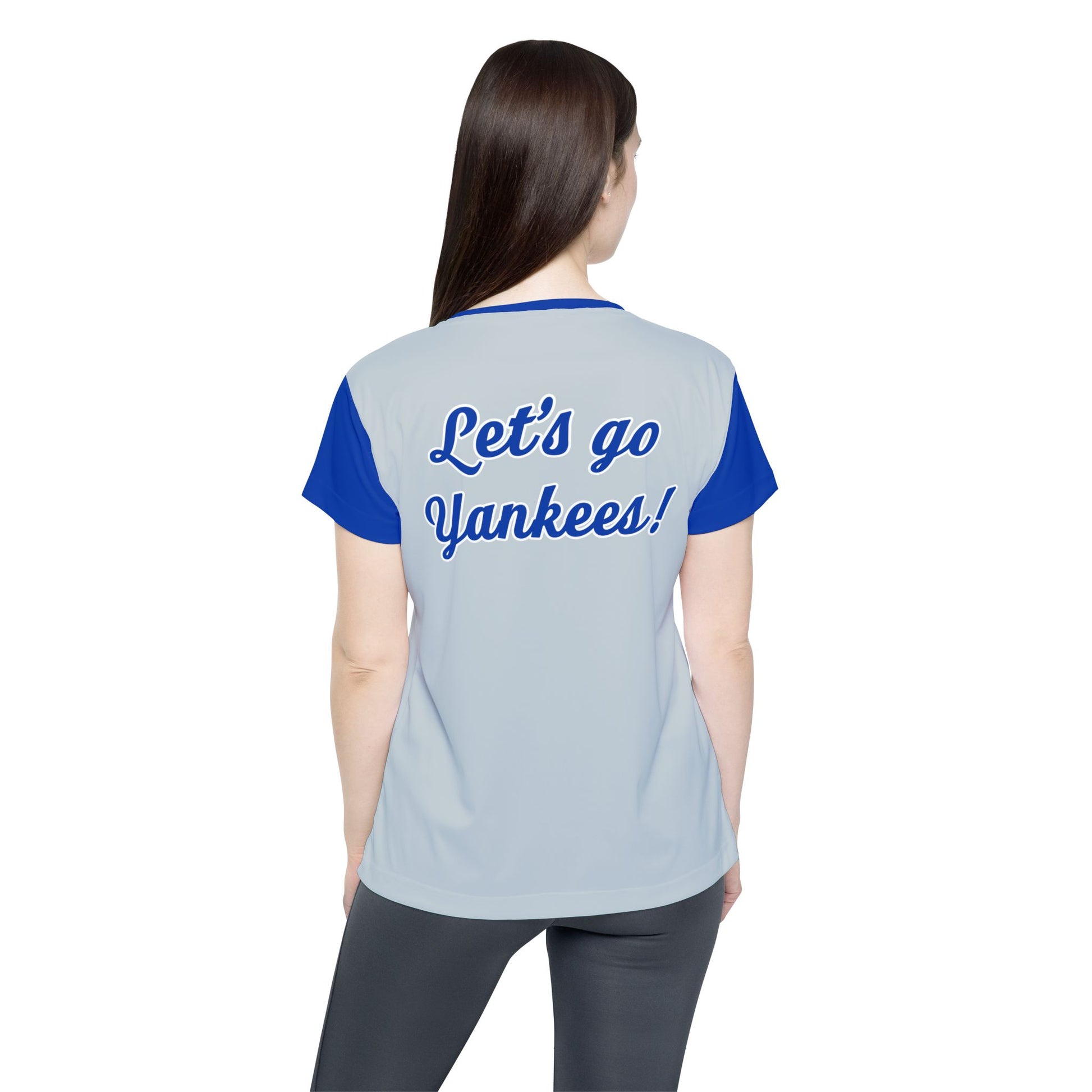 Let’s Go Yankees Women’s Sports Jersey featuring bold lettering on breathable, athletic fabric, perfect for female baseball fans and game-day supporters.