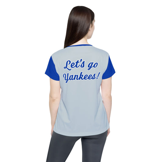 Let’s Go Yankees Women’s Sports Jersey featuring bold lettering on breathable, athletic fabric, perfect for female baseball fans and game-day supporters.