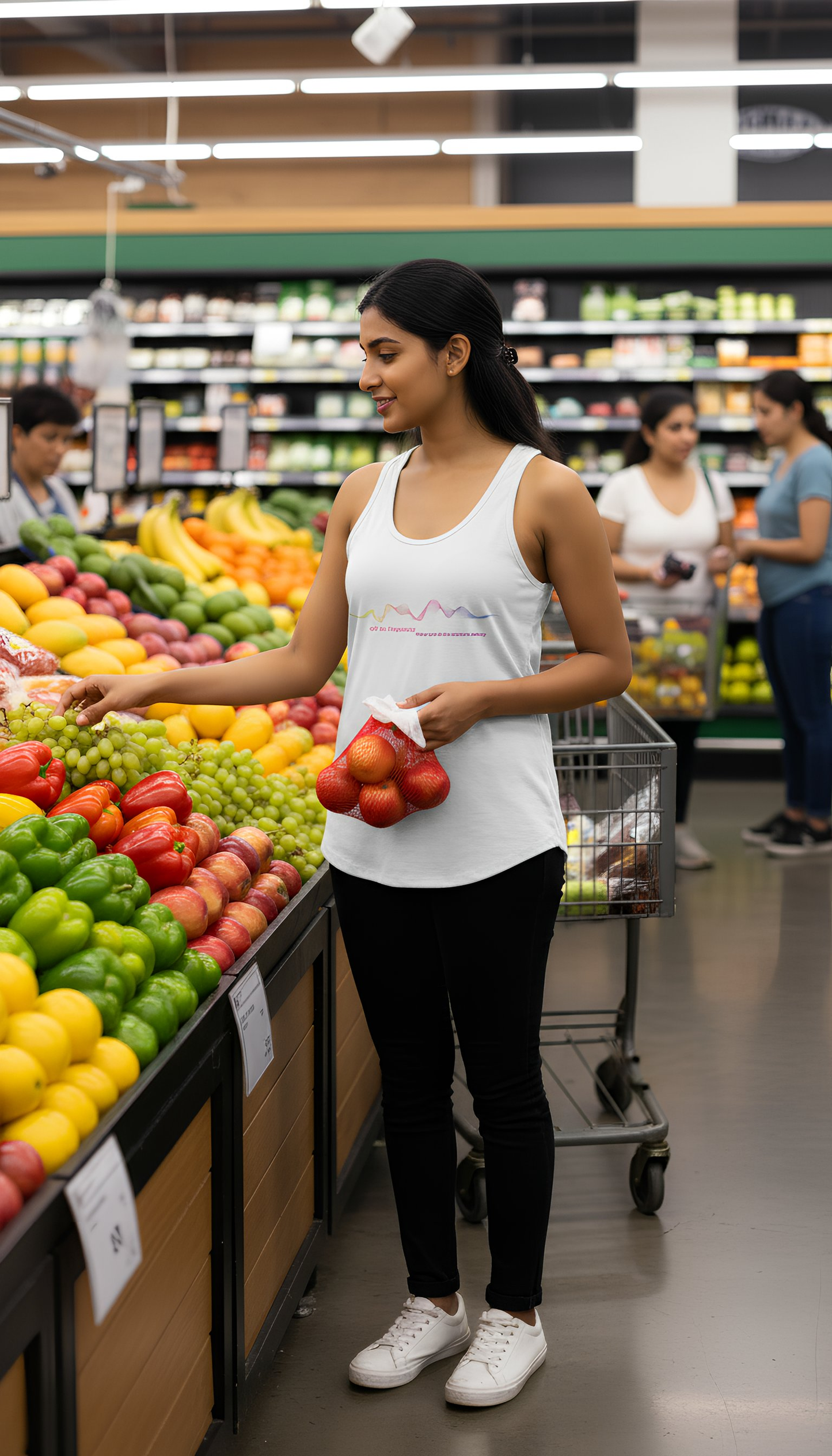 Woman wearing white 417 Hz frequency tank shopping in grocery store