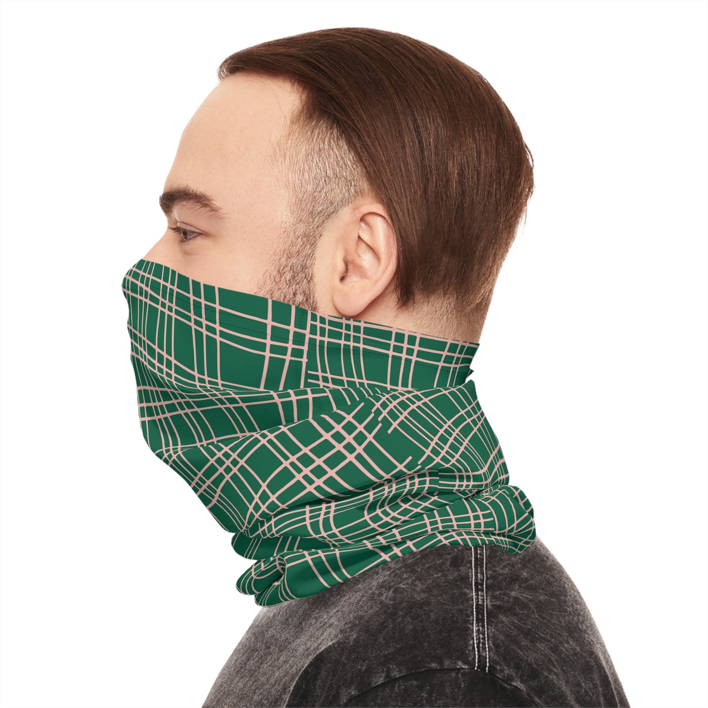 Green Plaid Tube Scarf worn as neck gaiter side profile male model