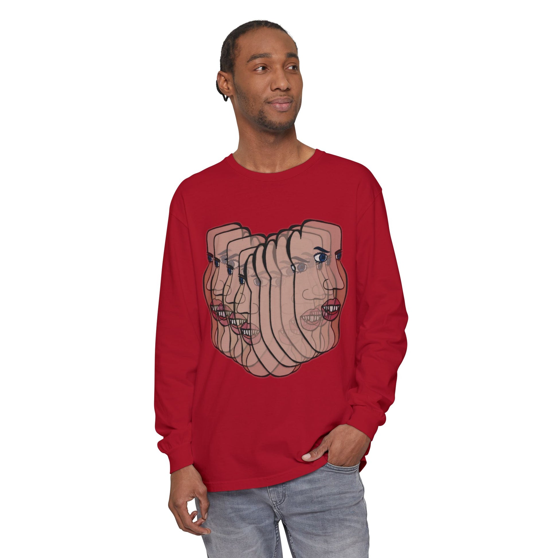 Male model wearing Charlie Long Sleeve T-Shirt in red