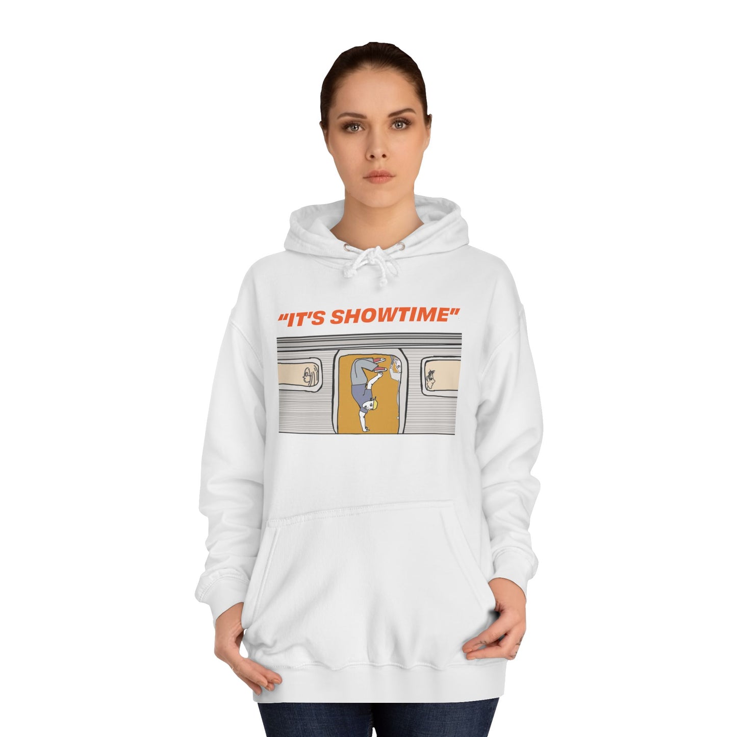 Female model wearing white It’s Showtime Hoodie with subway performer artwork on front.
