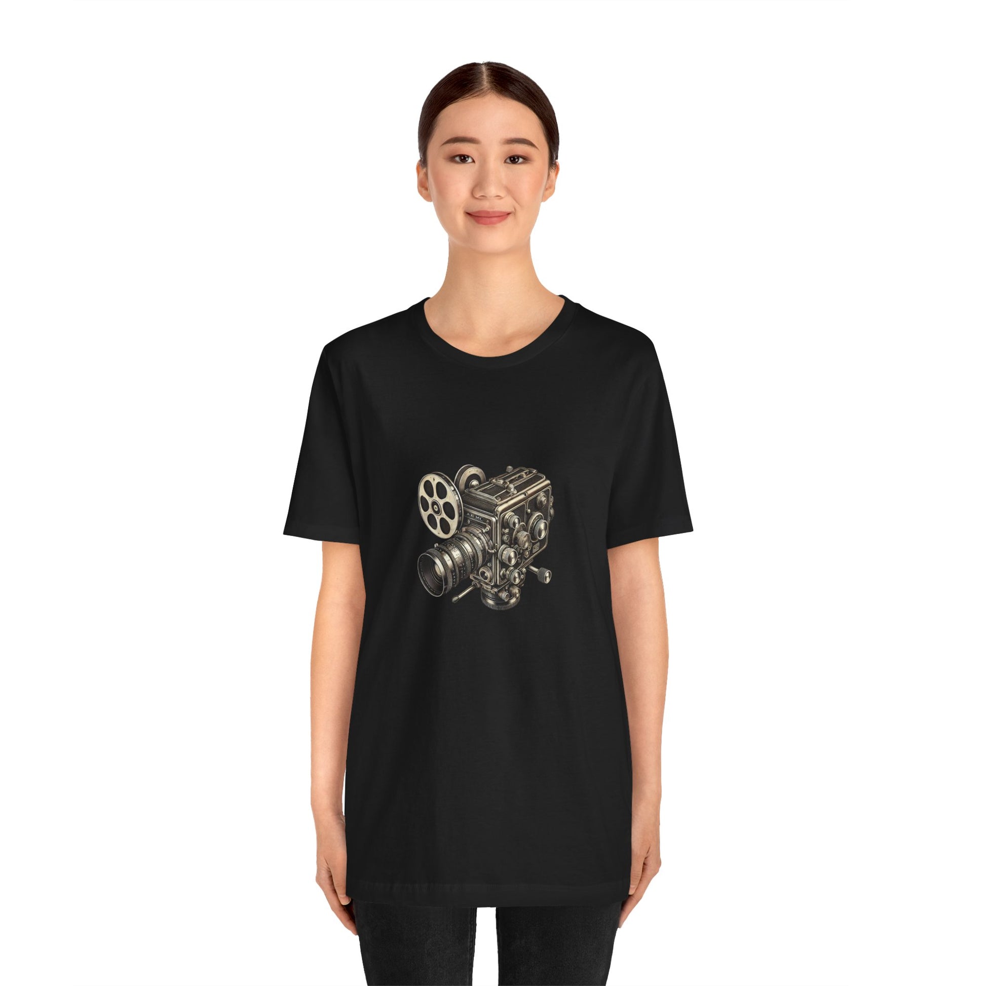 Woman wearing black t-shirt with vintage 16mm camera design
