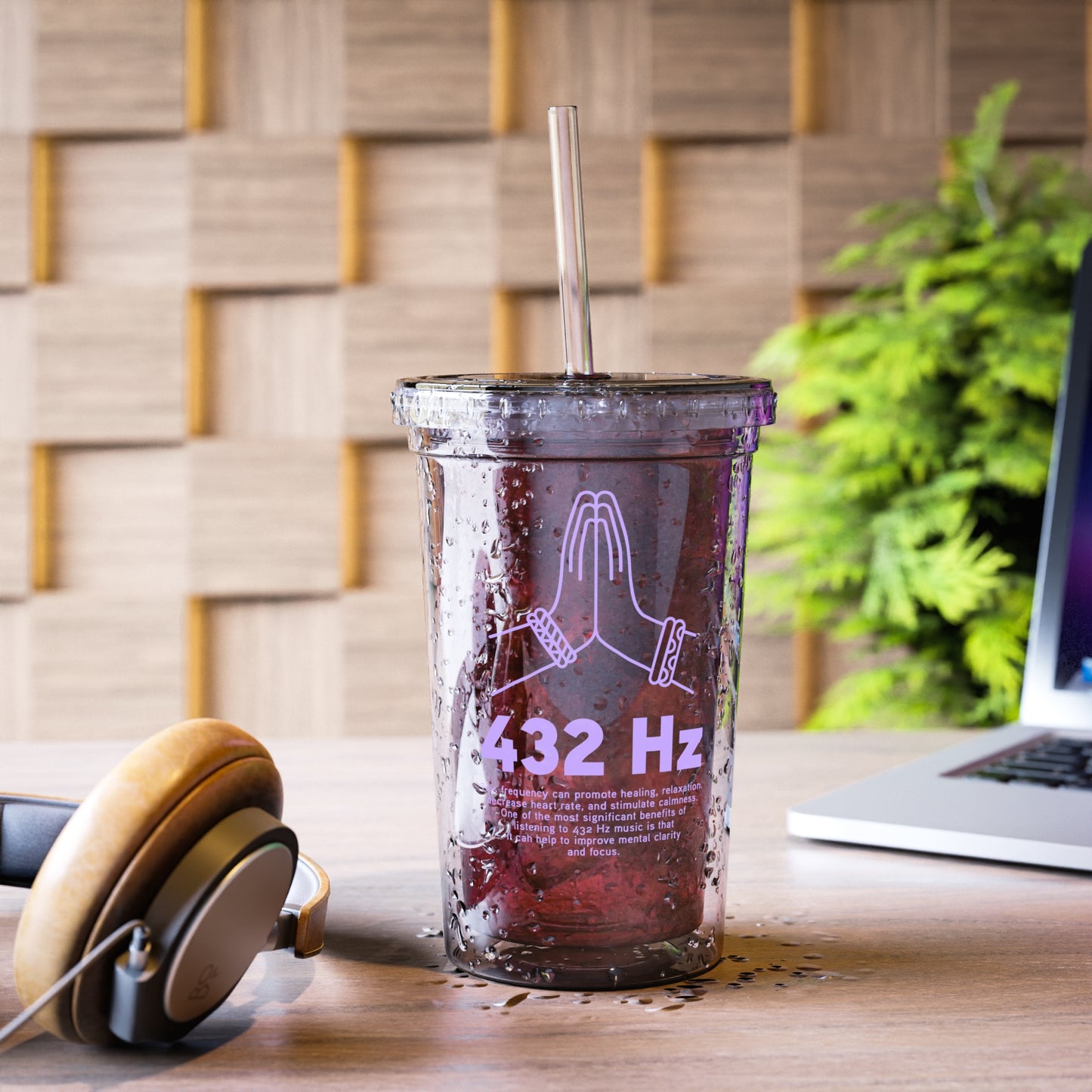 432 Hz insulated acrylic tumbler with straw beside laptop and headphones on a desk