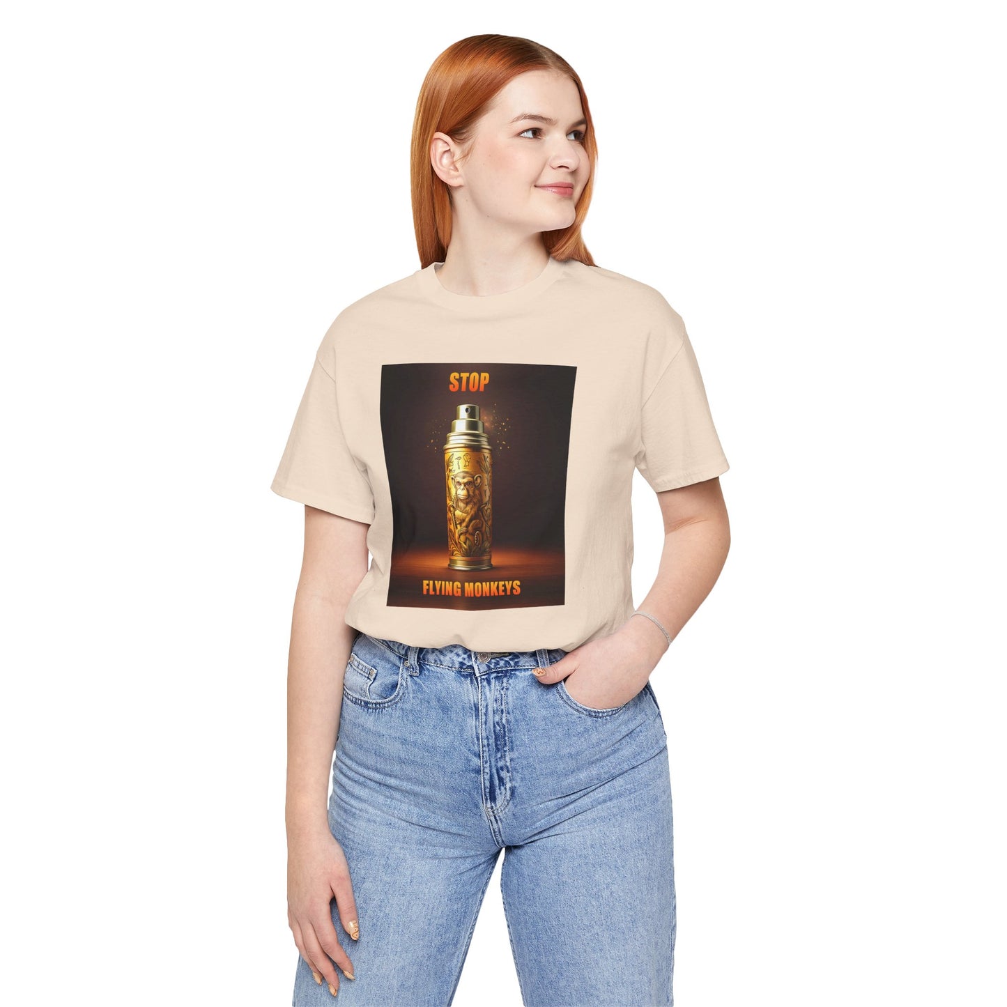 Woman in beige Stop Flying Monkeys T-Shirt with casual pose