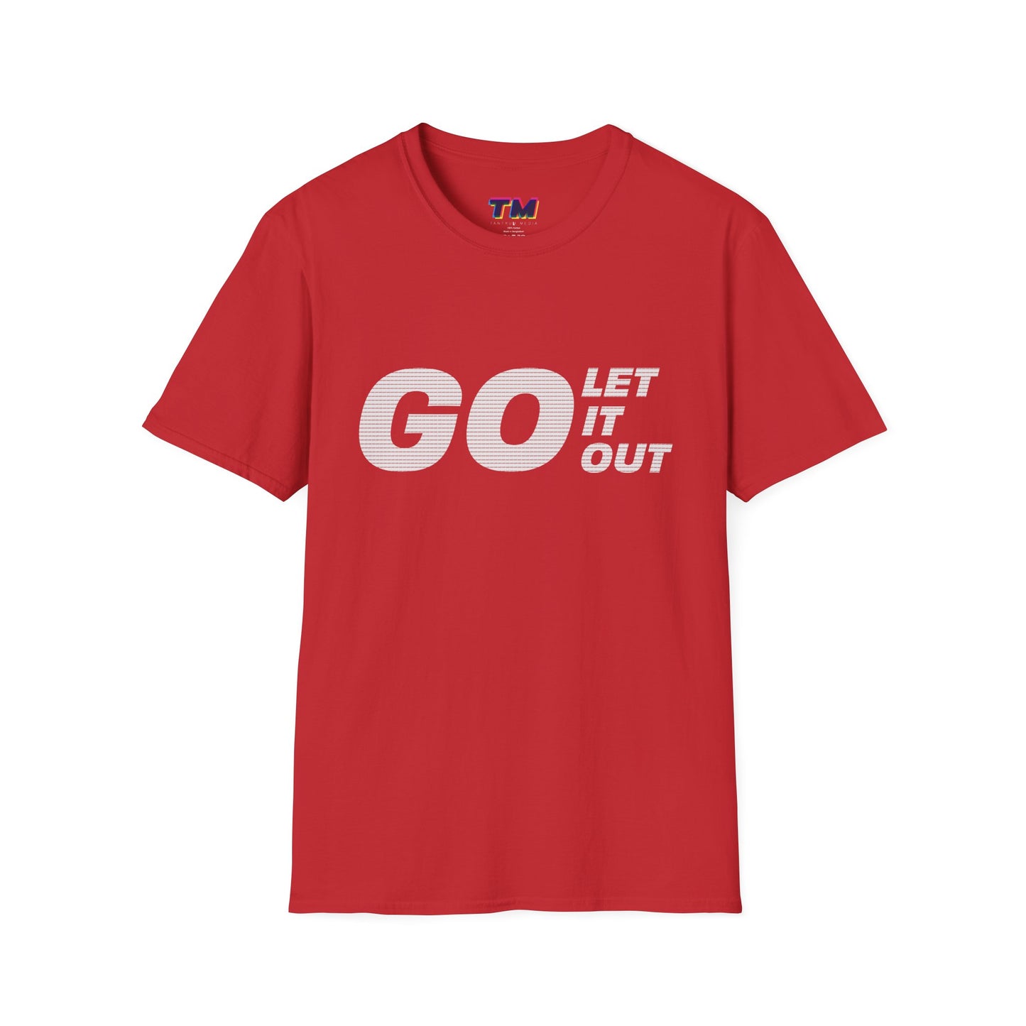 Red Oasis Go Let It Out T-shirt on flat lay display