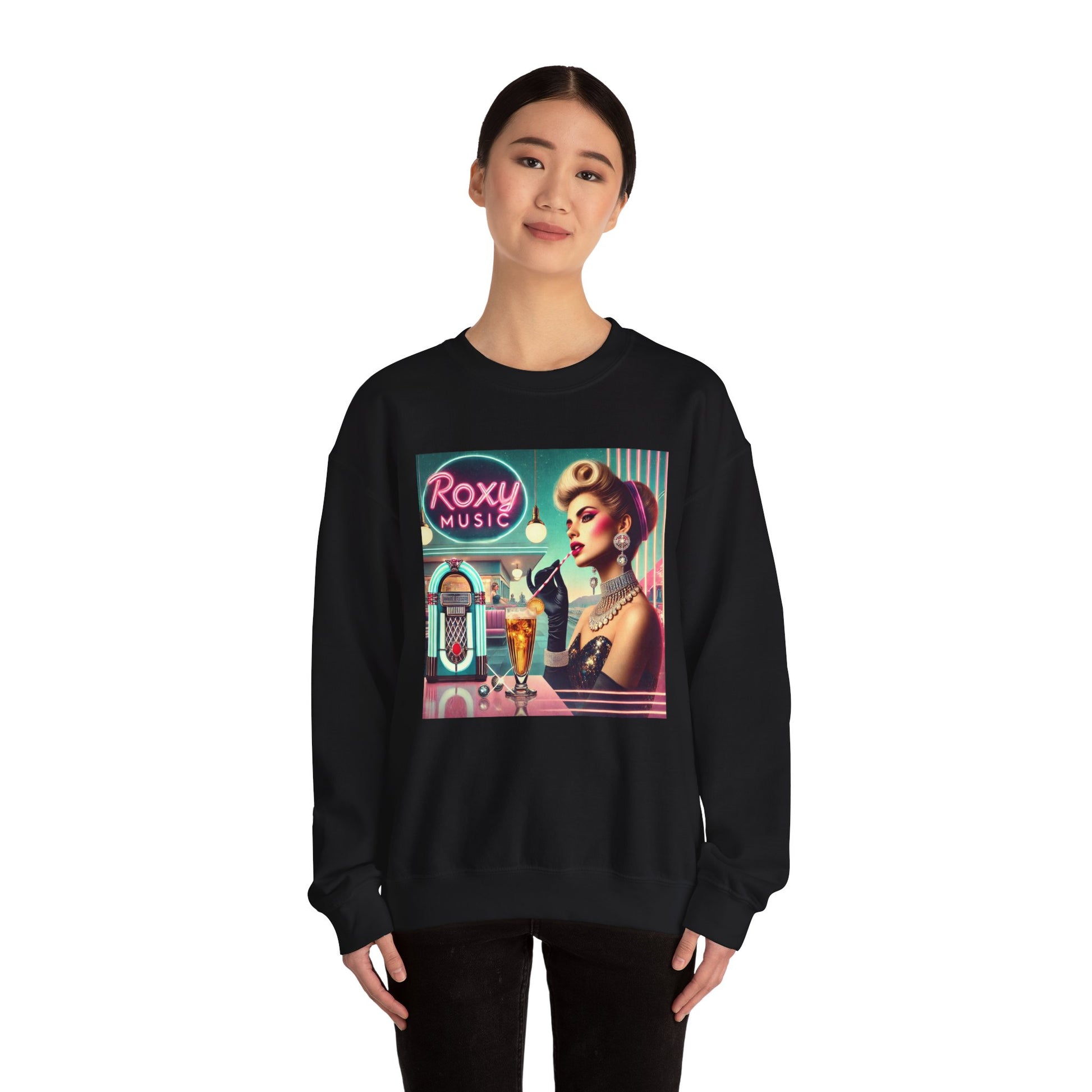 Woman wearing black Album Cover Nostalgia sweatshirt with Roxy Music retro album cover graphic