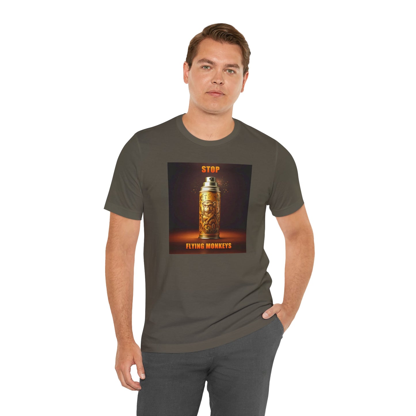 Man wearing charcoal Stop Flying Monkeys T-Shirt with printed design