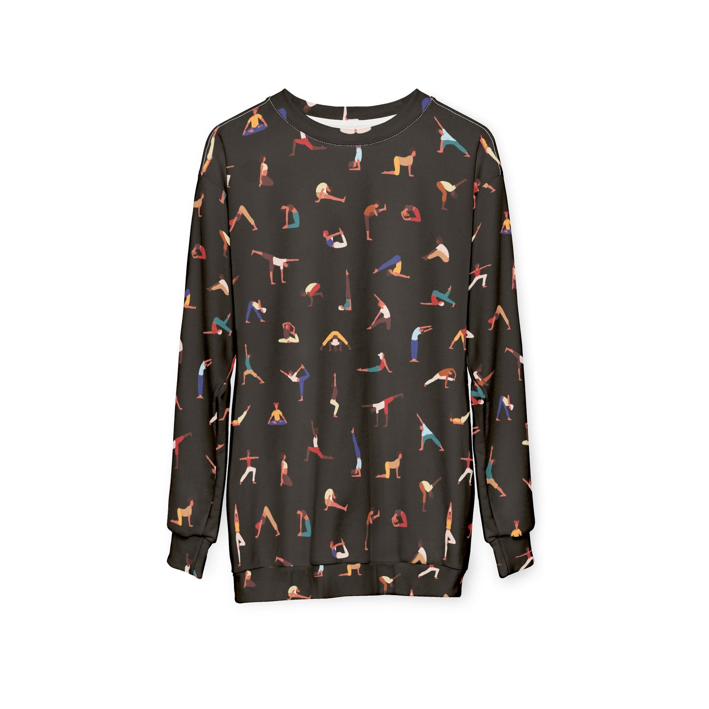 Black sweatshirt with colorful yoga pose pattern on a white background