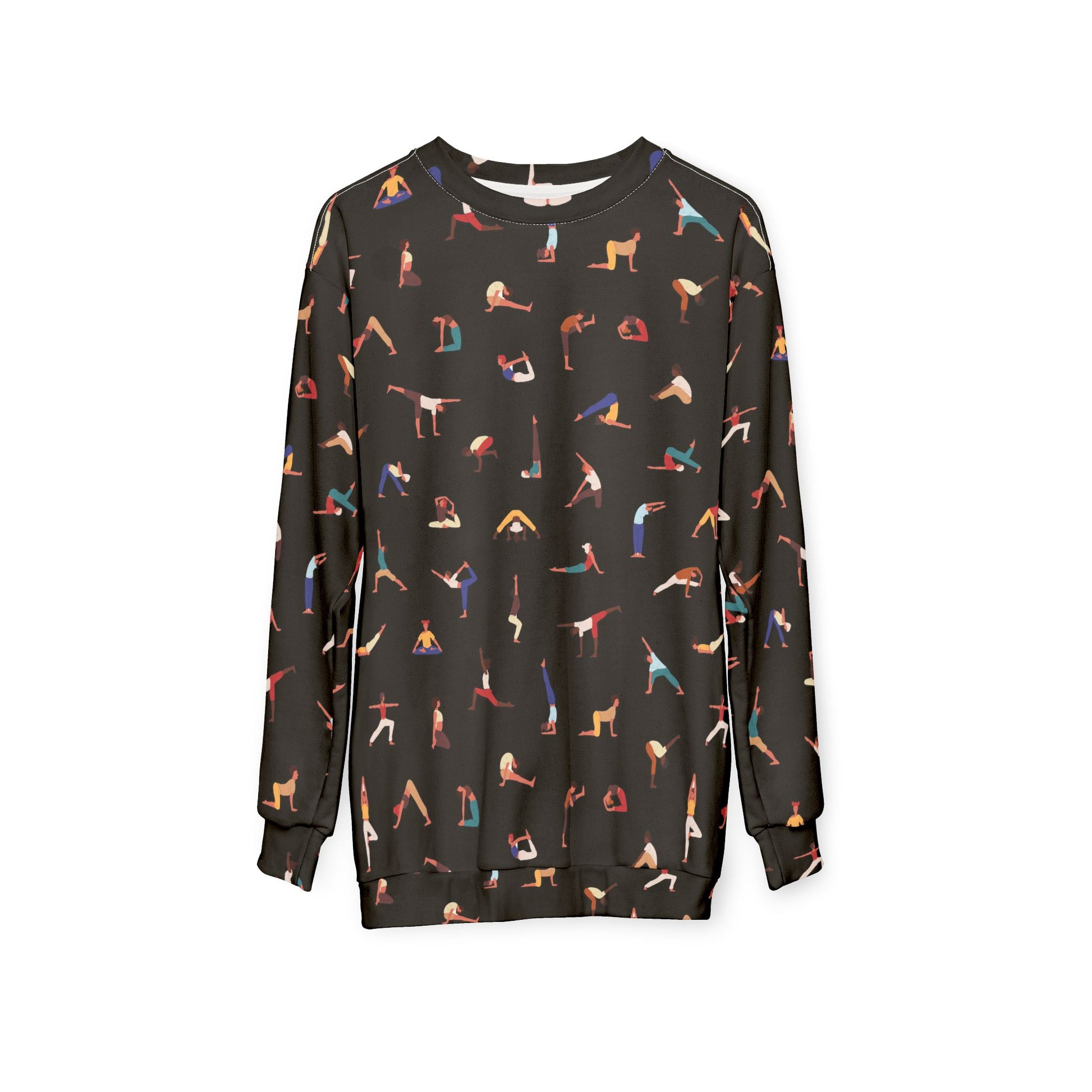 Black sweatshirt with colorful yoga pose pattern on a white background