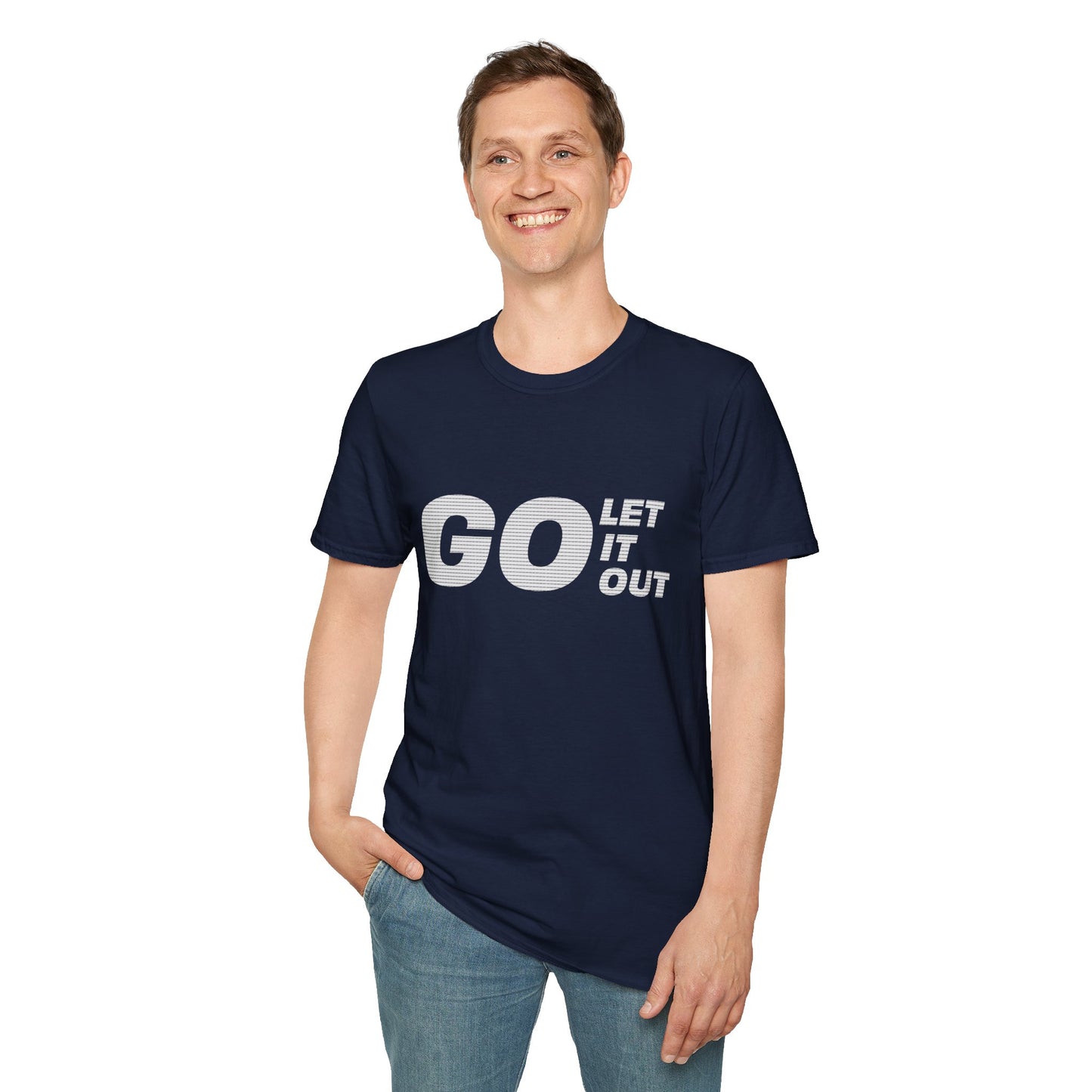 Man wearing a navy blue t-shirt with 'GO LET IT OUT' text on a white background