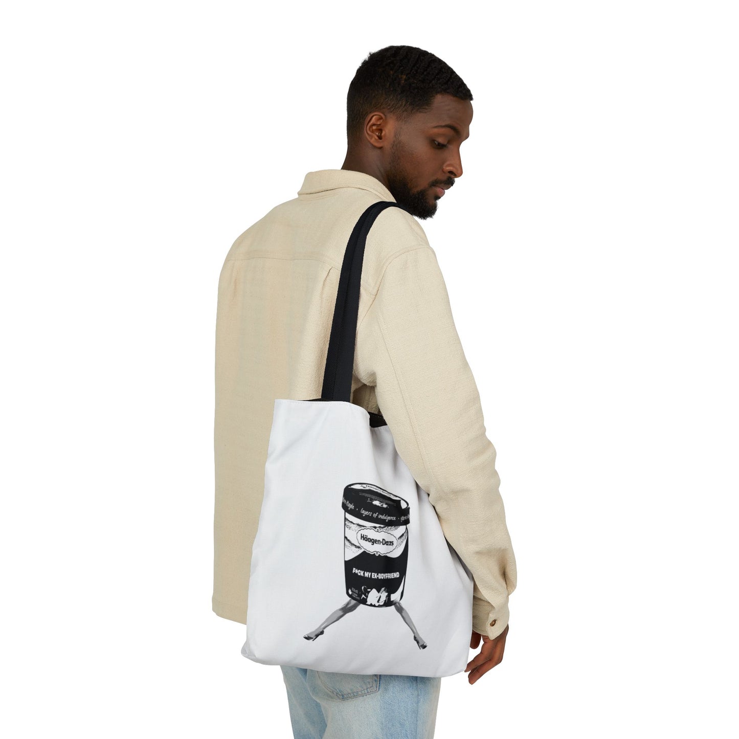 Man wearing white Ex-Boyfriend Tote Bag with black illustration, back view, neutral background