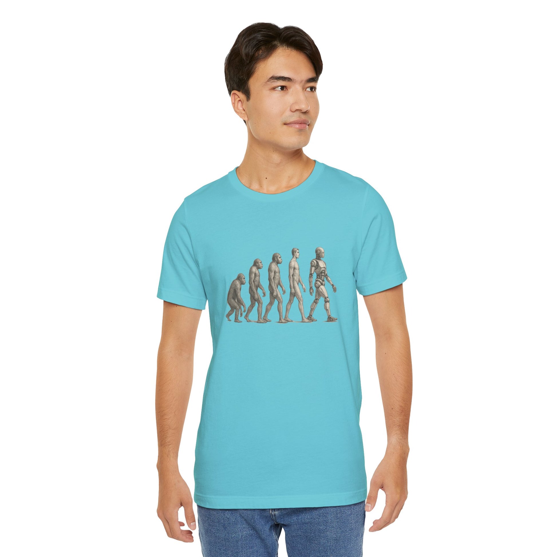 Man wearing a light blue t-shirt with a graphic design on a white background