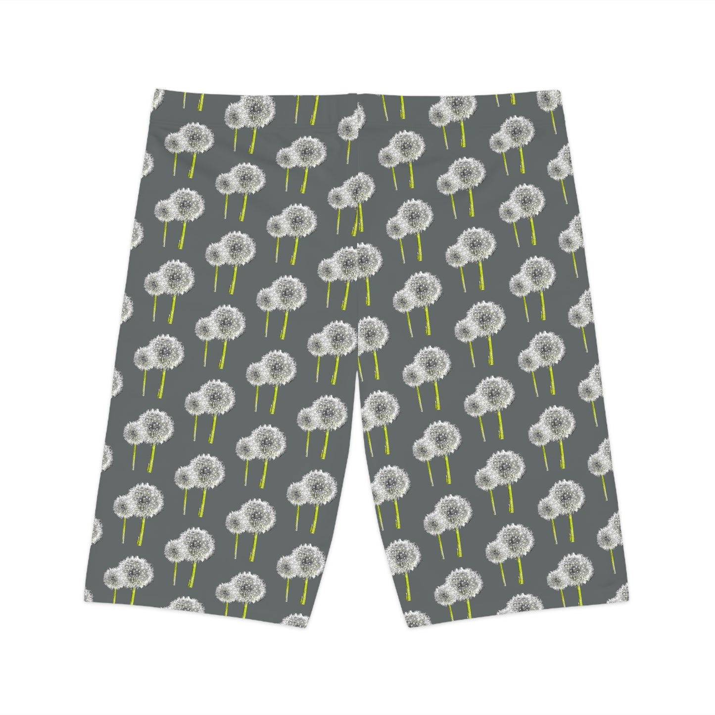 Flat lay back of Dandelion Women’s Bike Shorts with gray base and white dandelion print