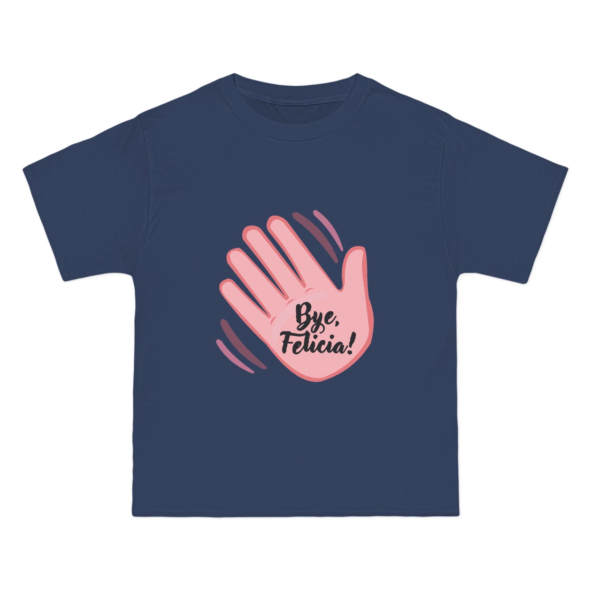 Flat lay navy Bye Felicia T-Shirt with pink hand graphic