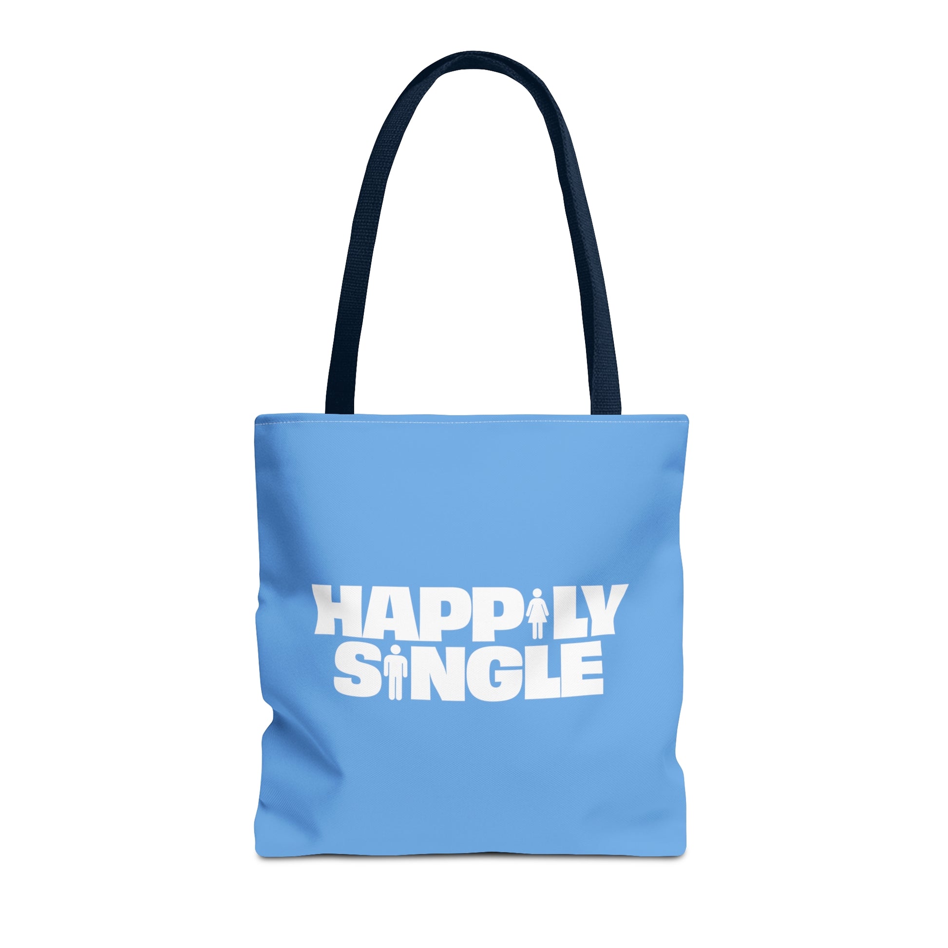 Light blue tote bag featuring the bold white text "Happily Single" with small male and female icons