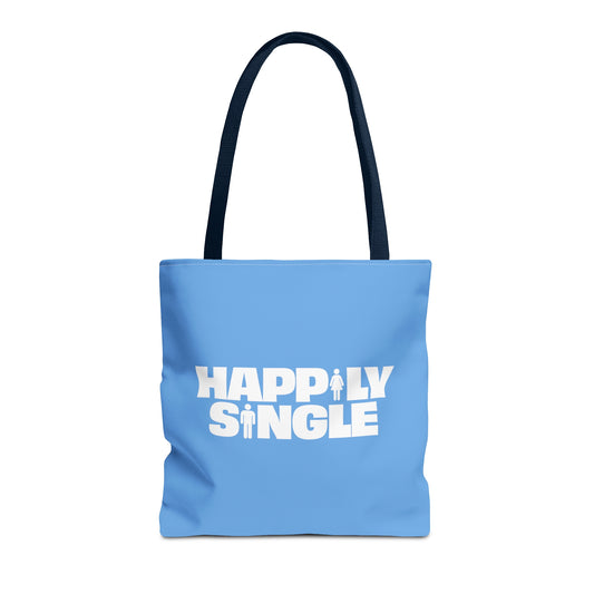 Light blue tote bag featuring the bold white text "Happily Single" with small male and female icons