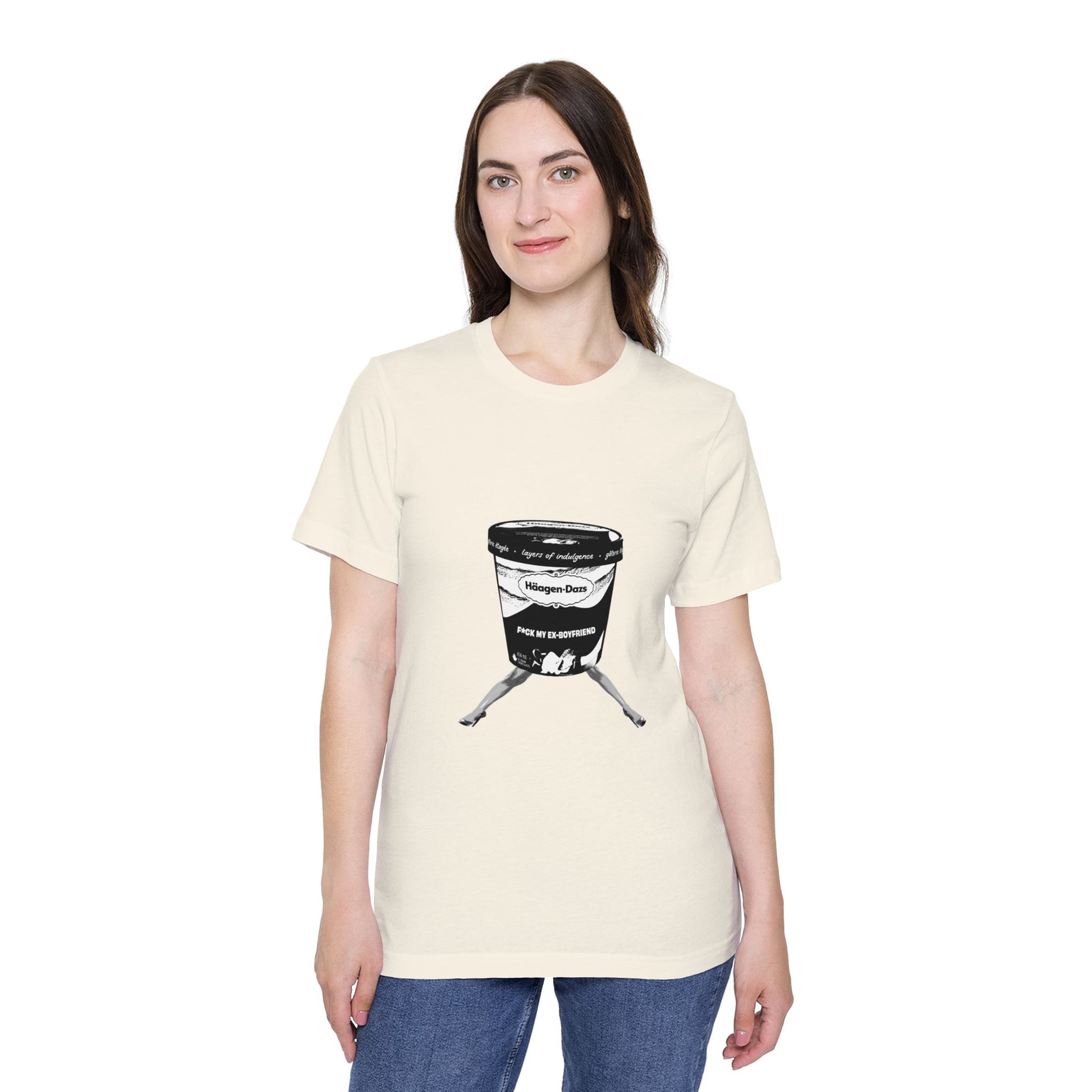 Woman wearing cream t-shirt with bold post-breakup graphic design
