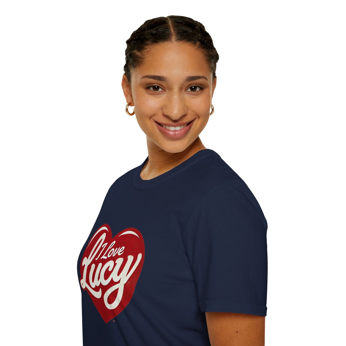 A person wearing a red crew neck t-shirt with a heart logo that has the text 'I Love Lucy' on it.