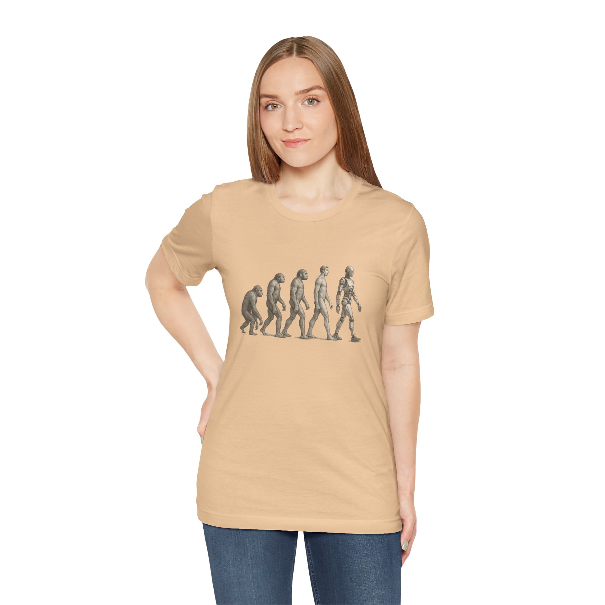 Woman wearing a beige t-shirt with a graphic design on a white background
