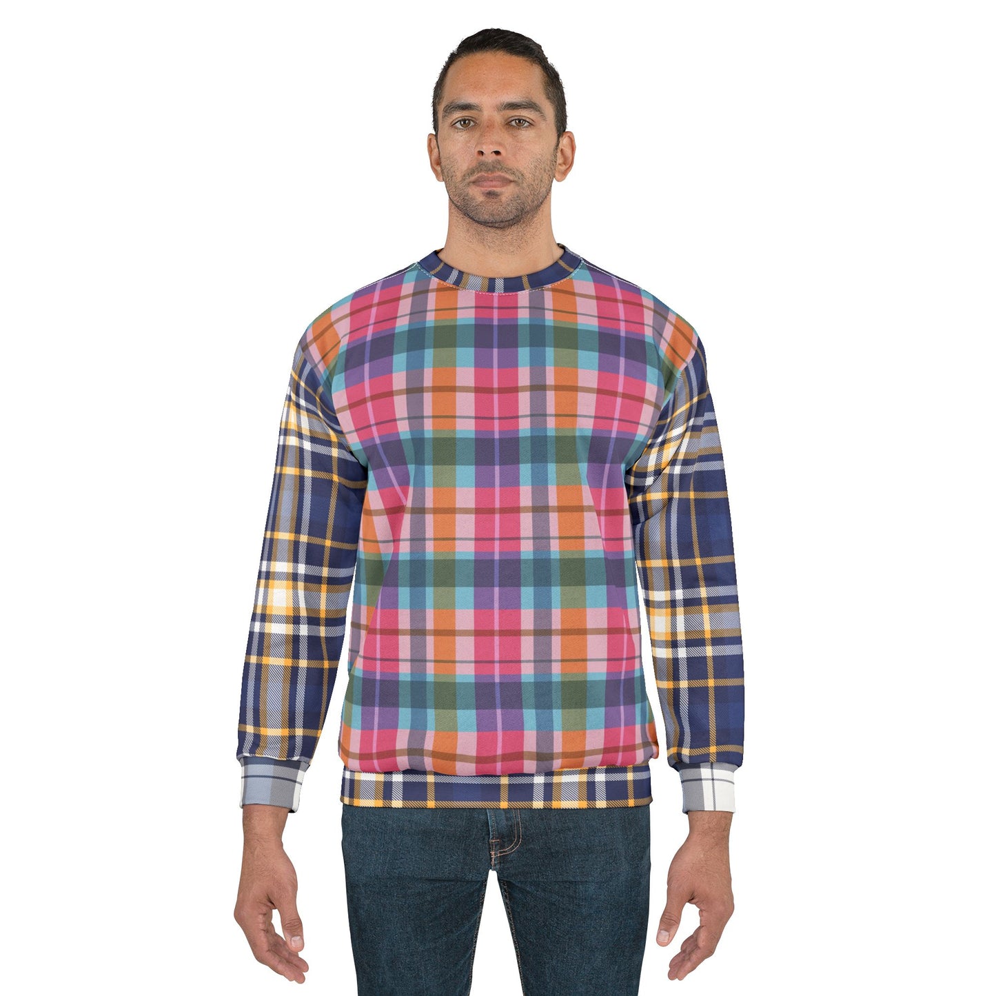 Man wearing colorful plaid sweatshirt standing, full body view