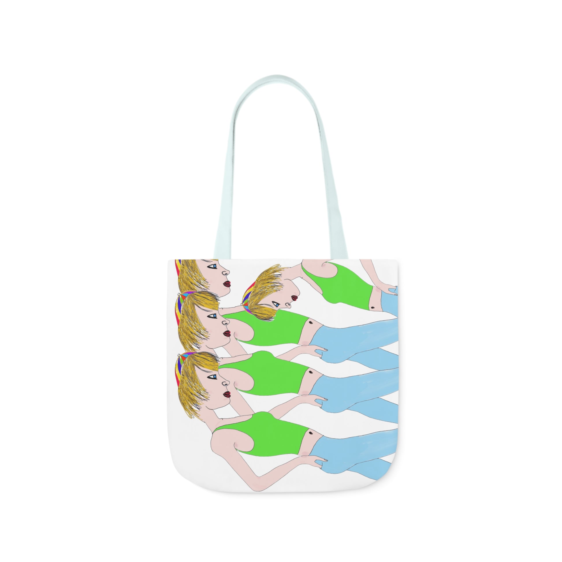 White tote bag featuring a repeating cartoon-style illustration of a blonde woman wearing a green top and light blue jeans