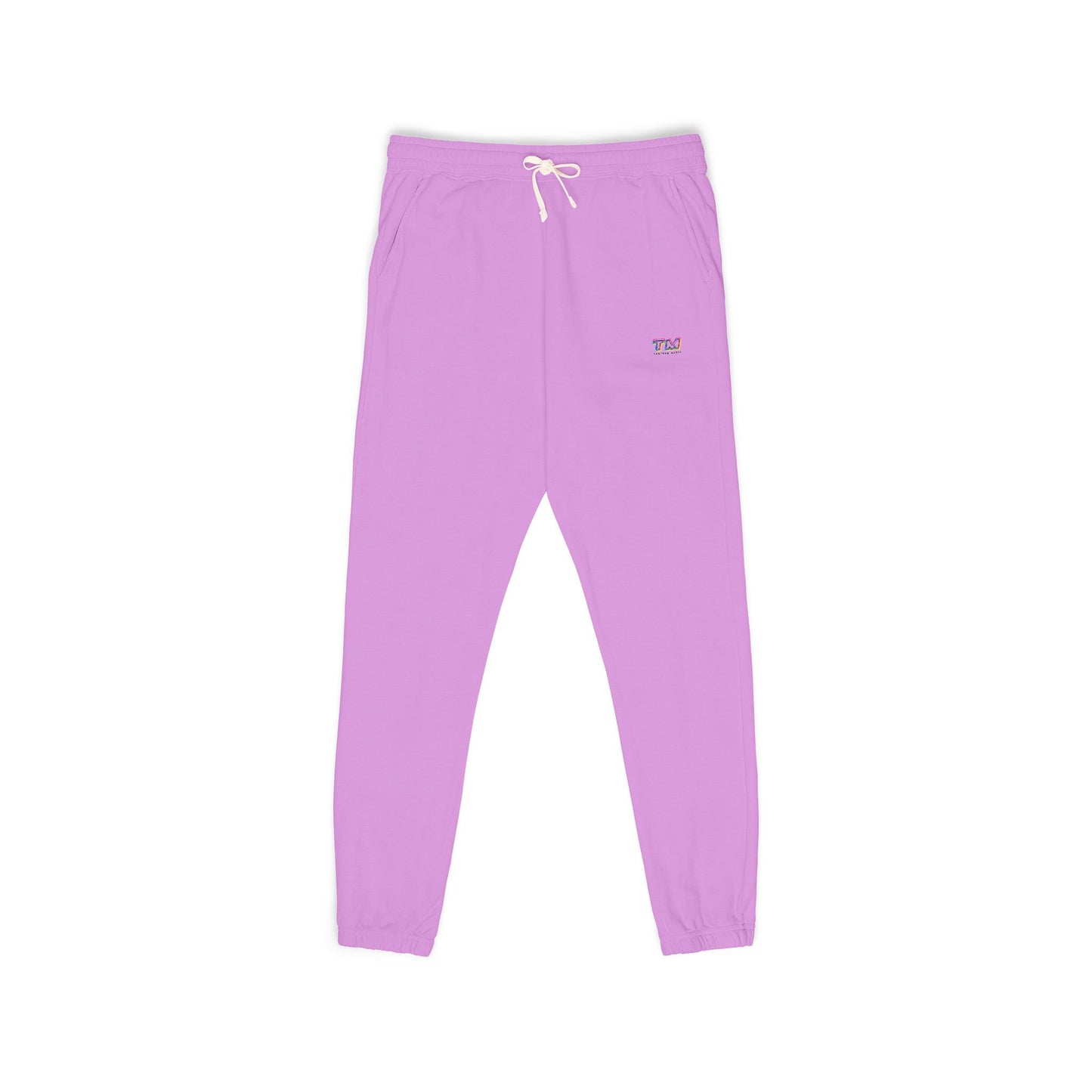 Lavender Tantrum Media Cozy Fleece Sweatpants front view with TM logo