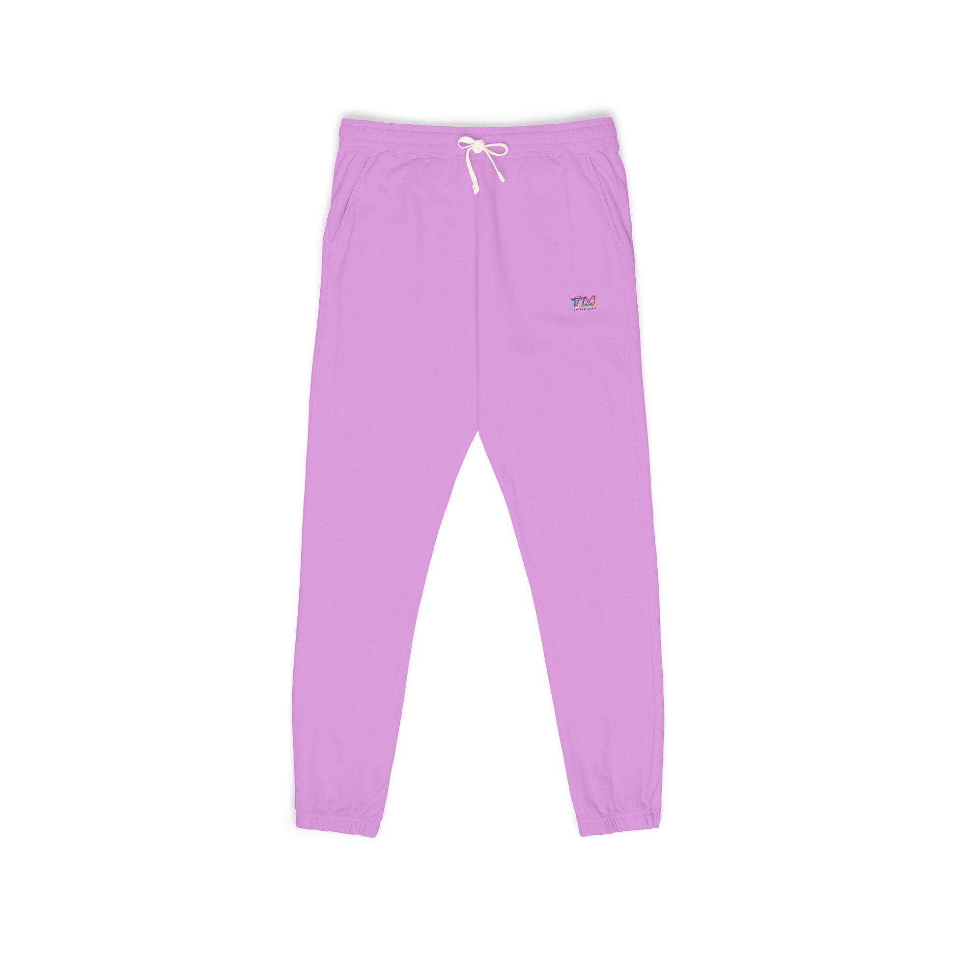 Lavender Tantrum Media Cozy Fleece Sweatpants front view with TM logo