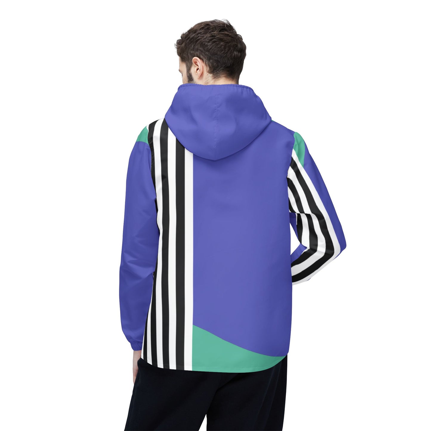 Man wearing retro lines windbreaker jacket from back angle with striped sleeve and hood detail