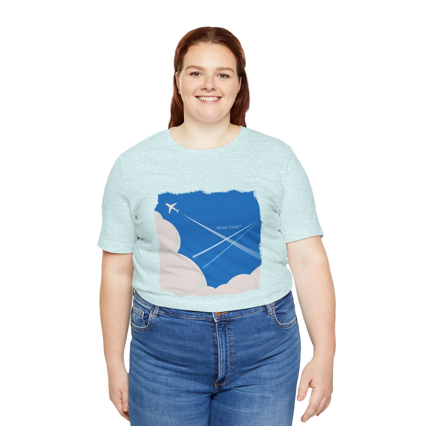 Person wearing a light blue t-shirt with a graphic design on a white background
