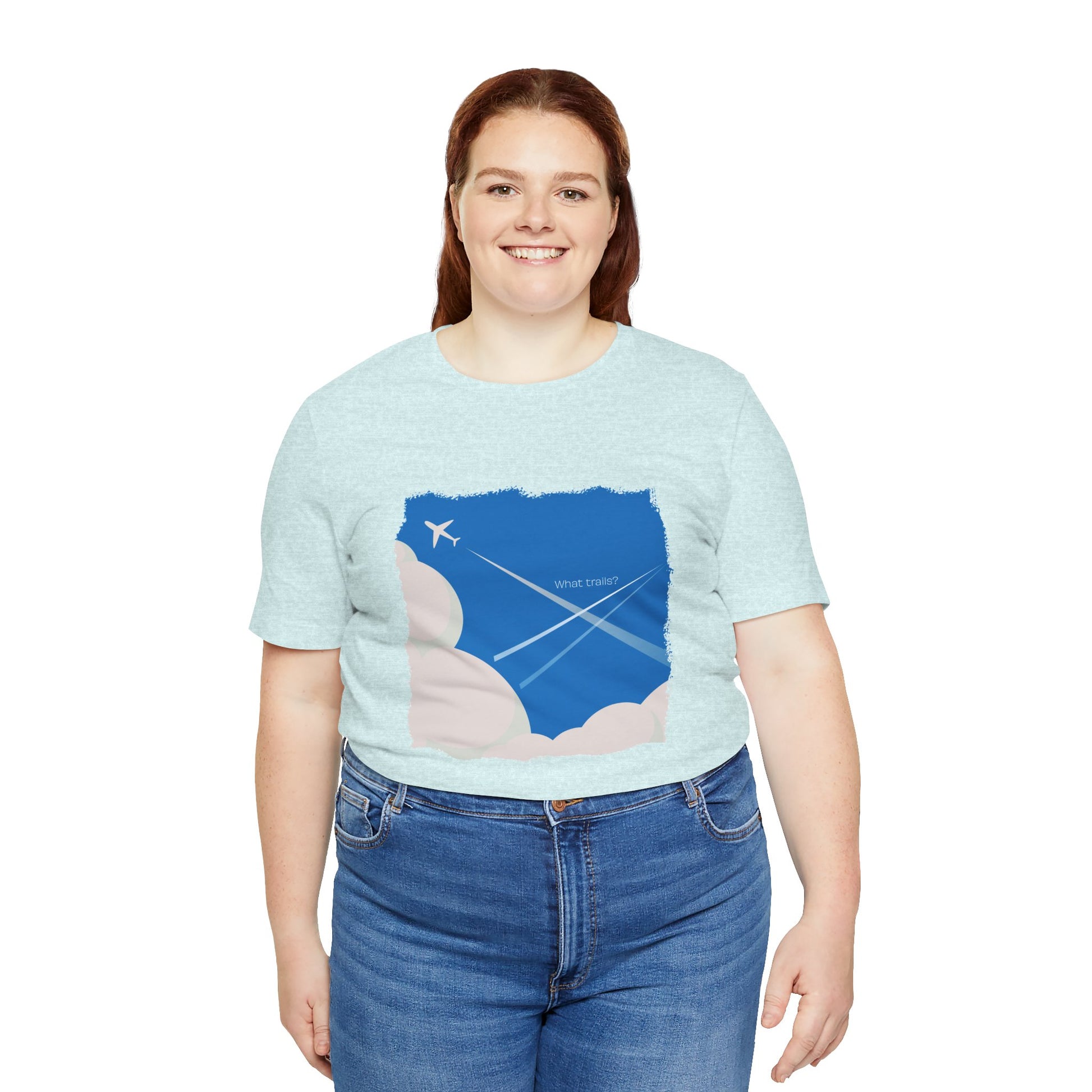 Person wearing a light blue t-shirt with a graphic design on a white background