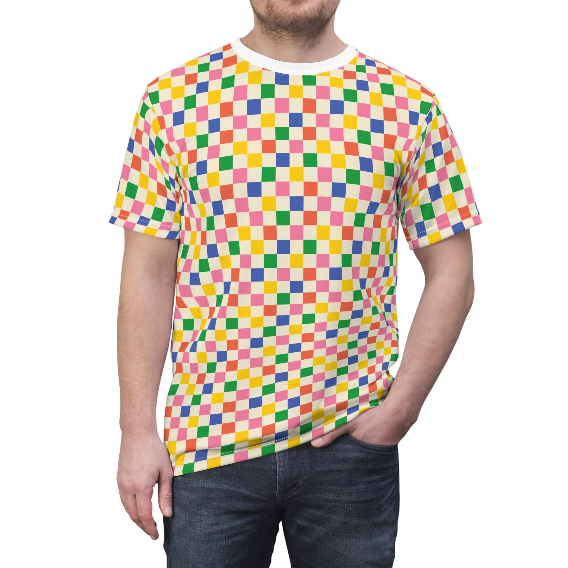 Colored Squares T-Shirt featuring a bold checkerboard geometric pattern in vibrant hues, perfect for streetwear and festival fashion.