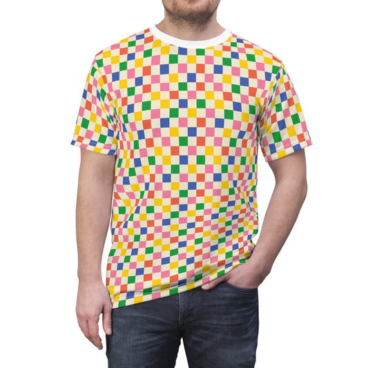Colored Squares T-Shirt featuring a bold checkerboard geometric pattern in vibrant hues, perfect for streetwear and festival fashion.