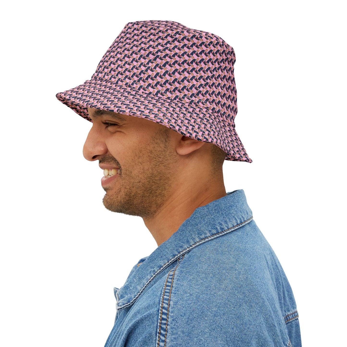 Donald Trump Bucket Hat product photo with red and blue patterned design, side view