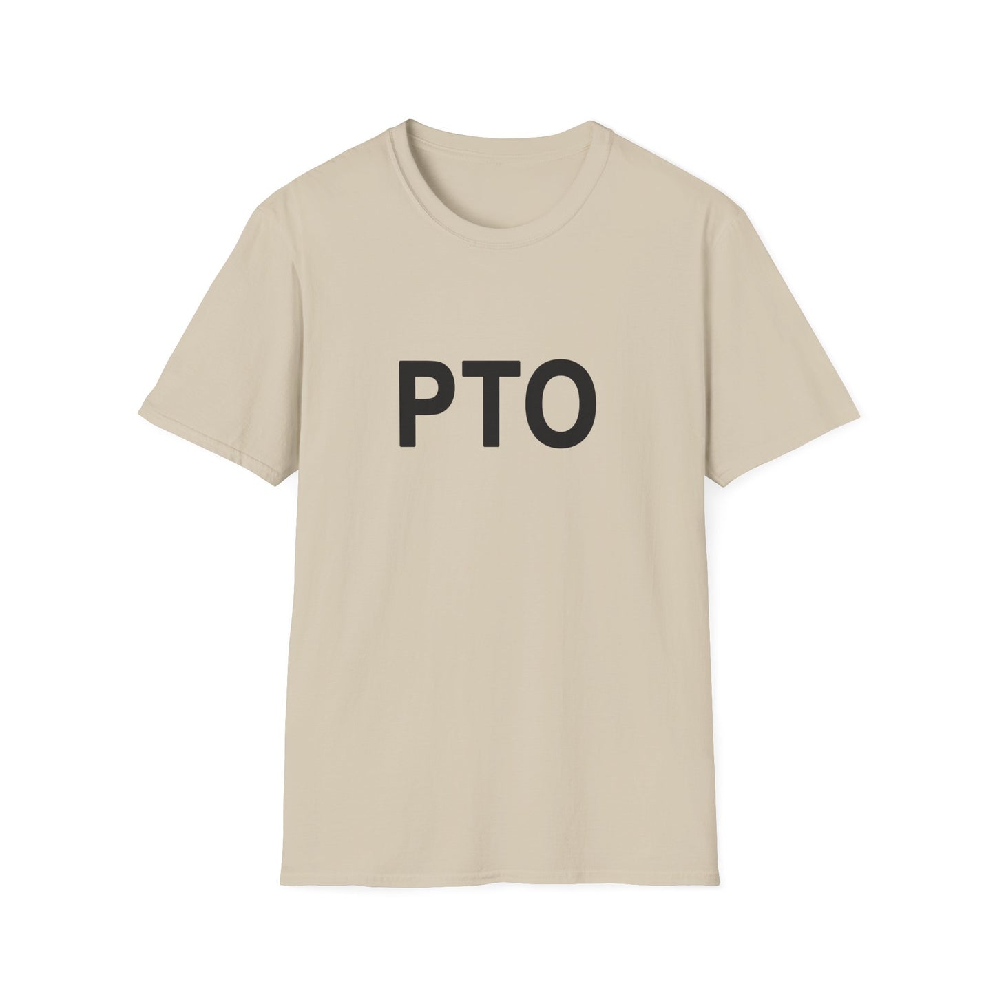 Beige t-shirt with 'PTO' printed on it against a white background
