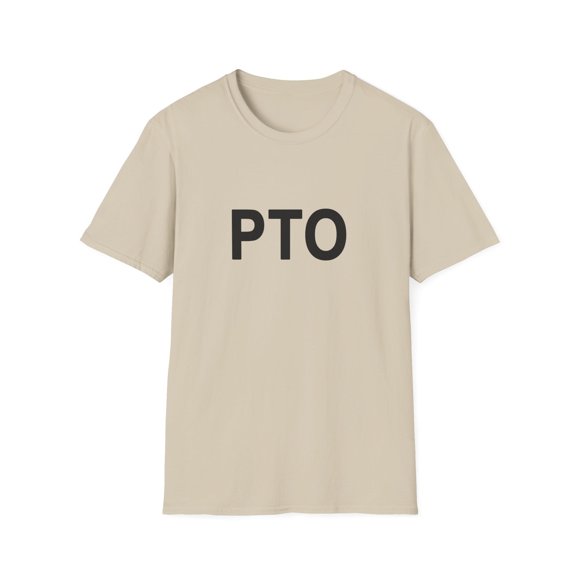 Beige t-shirt with 'PTO' printed on it against a white background