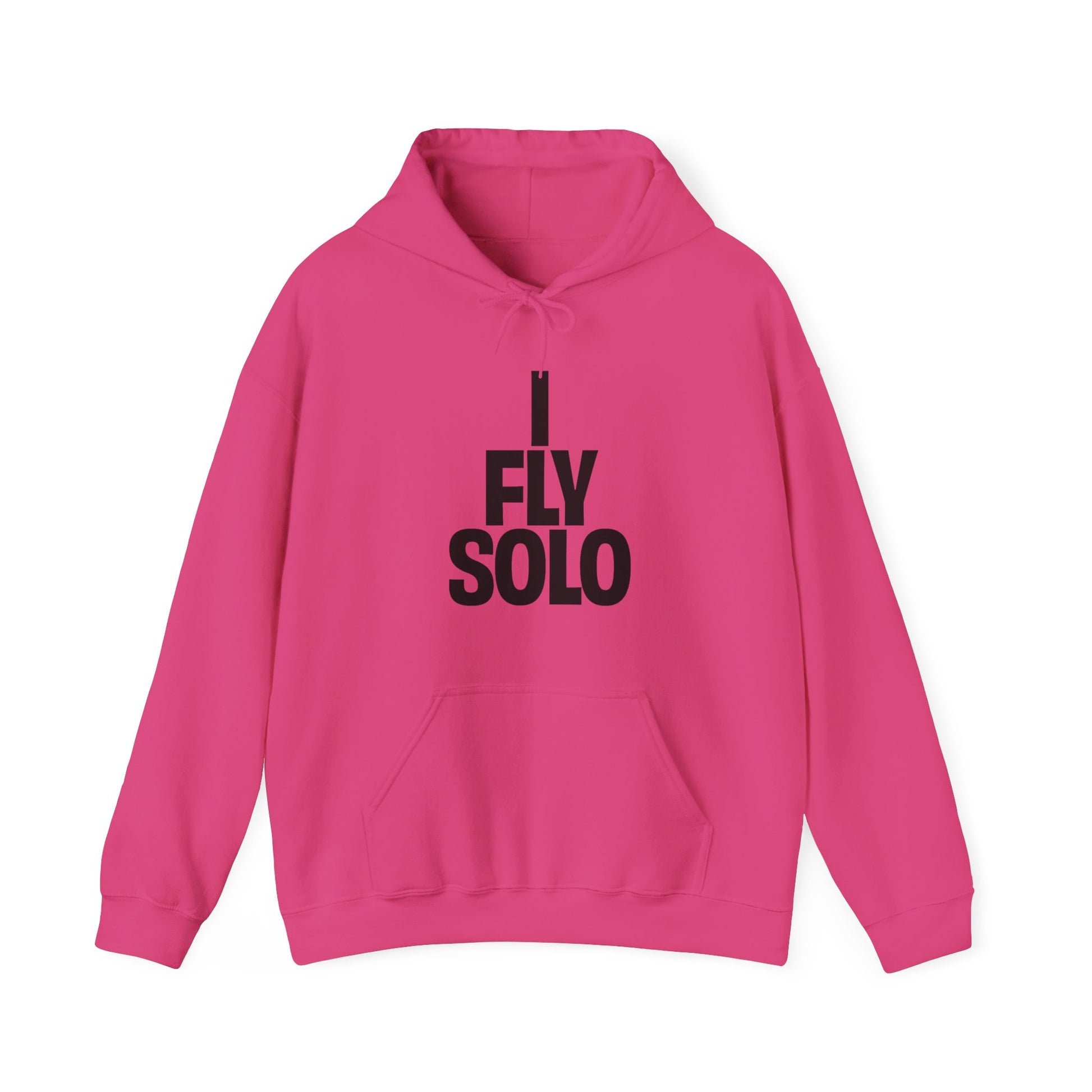 Pink hoodie with 'I Fly Solo' text on a white background