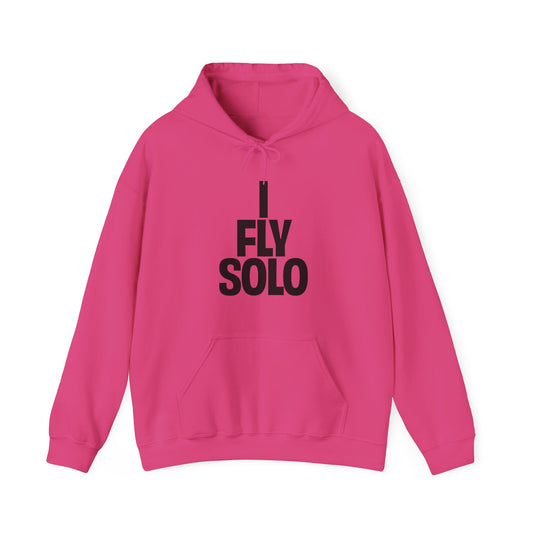 Pink hoodie with 'I Fly Solo' text on a white background