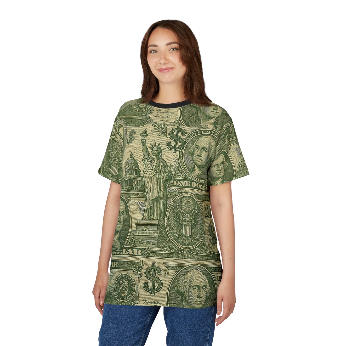 Female model wearing Dollar T-Shirt, front view, standing relaxed