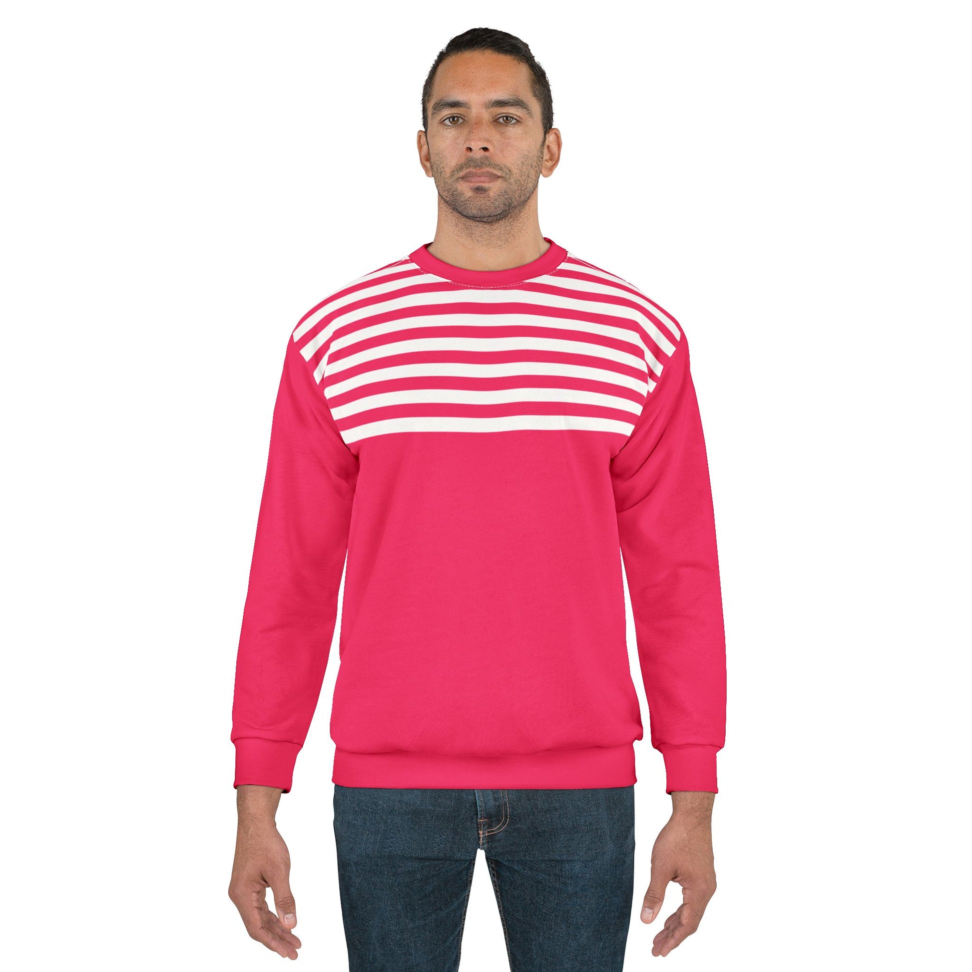 Man wearing a pink sweatshirt with white stripes on a white background