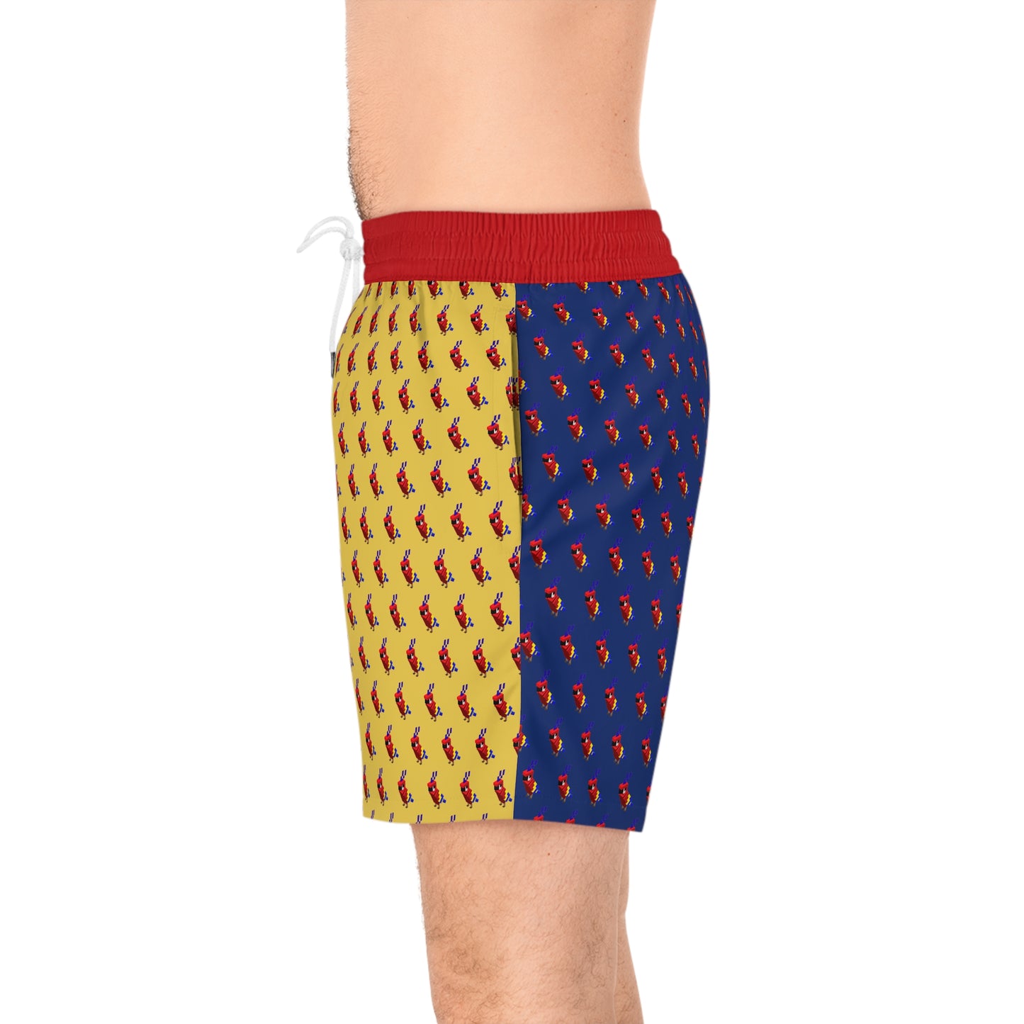 Side view of swim boxers with yellow and blue split design featuring colorful pixel parrot motifs and contrast waistband.
