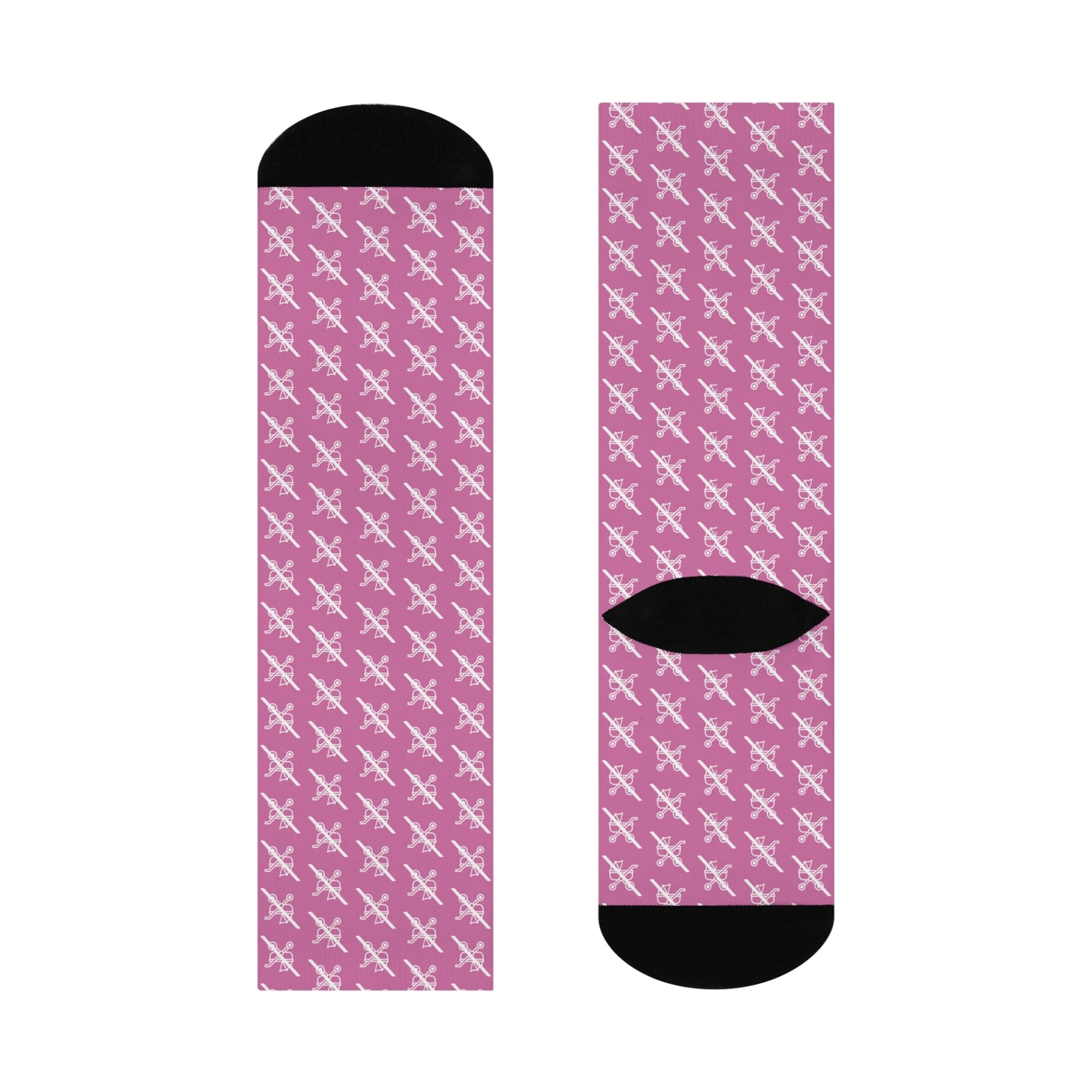 Flat lay of single pink Proudly Childless crew sock front and back with black accents