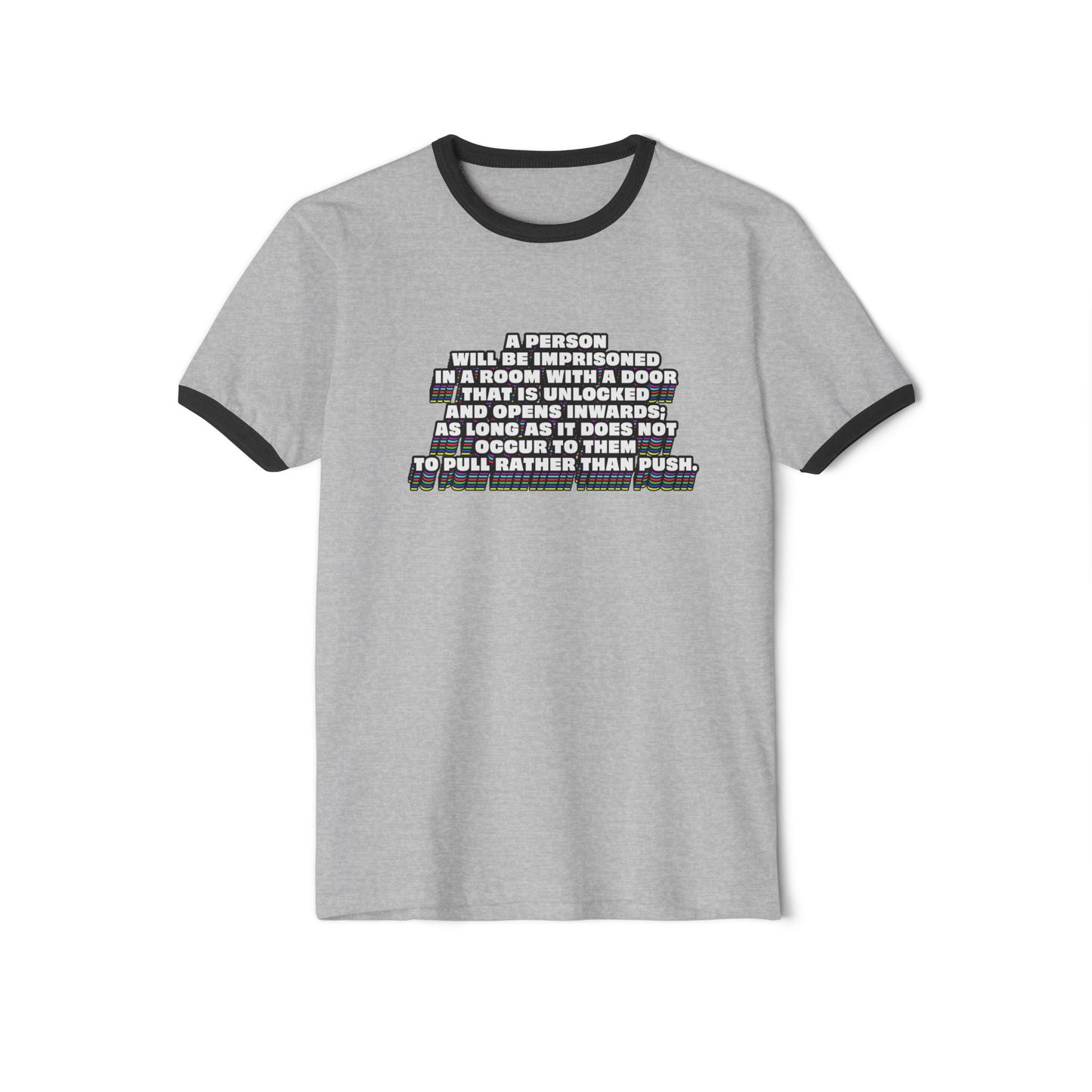 Gray Clever Quote Unisex T-Shirt flat lay with black collar and Wittgenstein quote