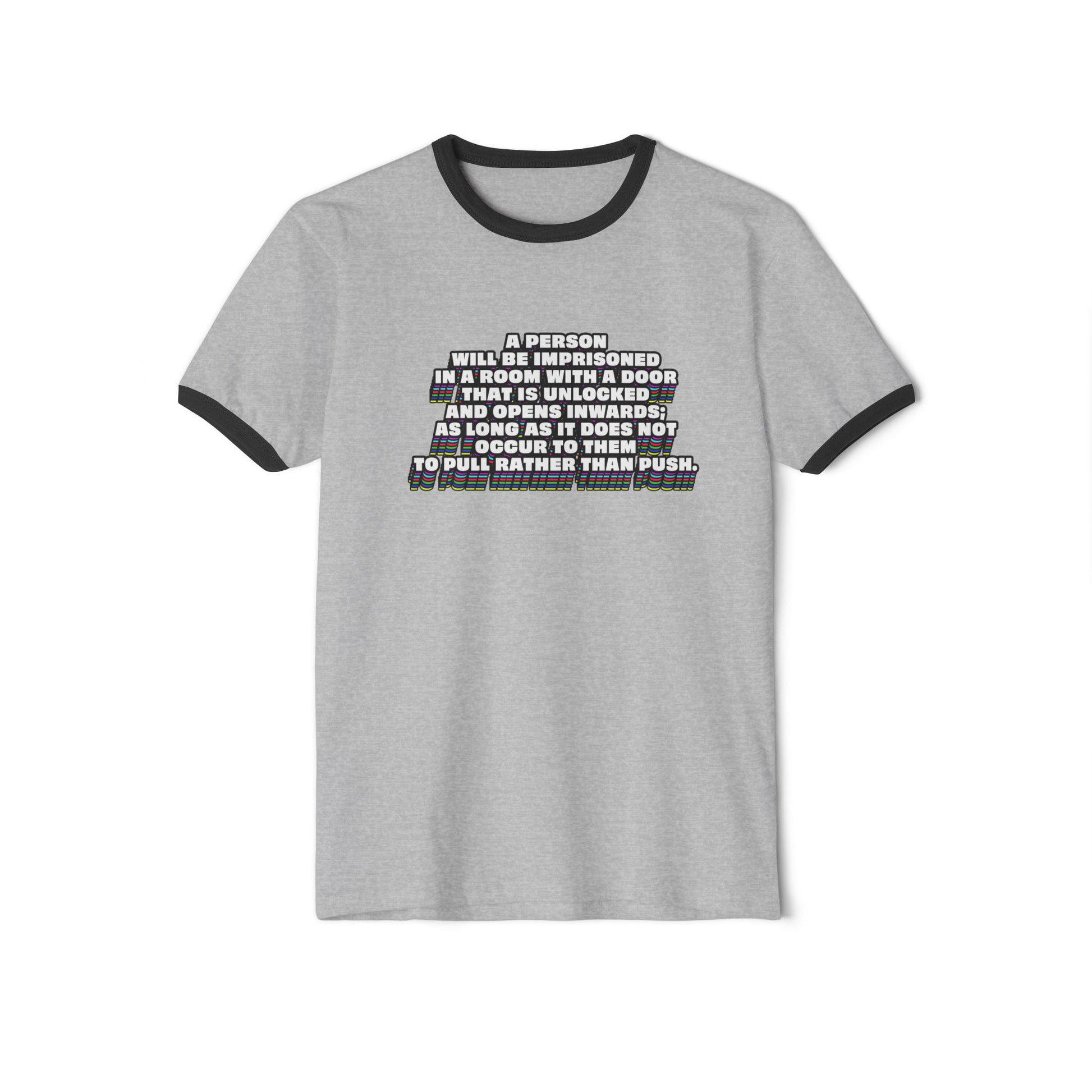 Gray Clever Quote Unisex T-Shirt flat lay with black collar and Wittgenstein quote
