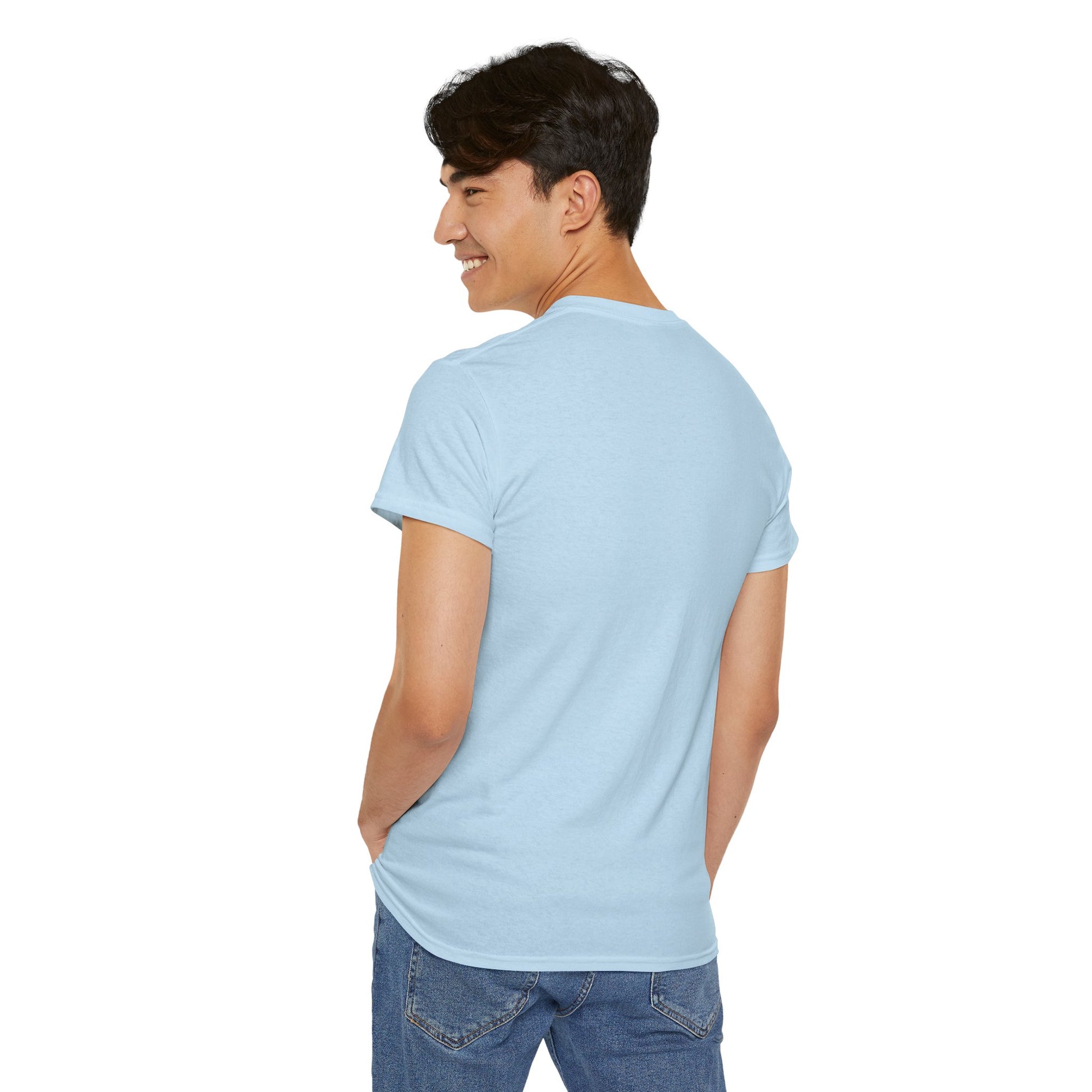Male model side view wearing light blue Staten Island T-Shirt.