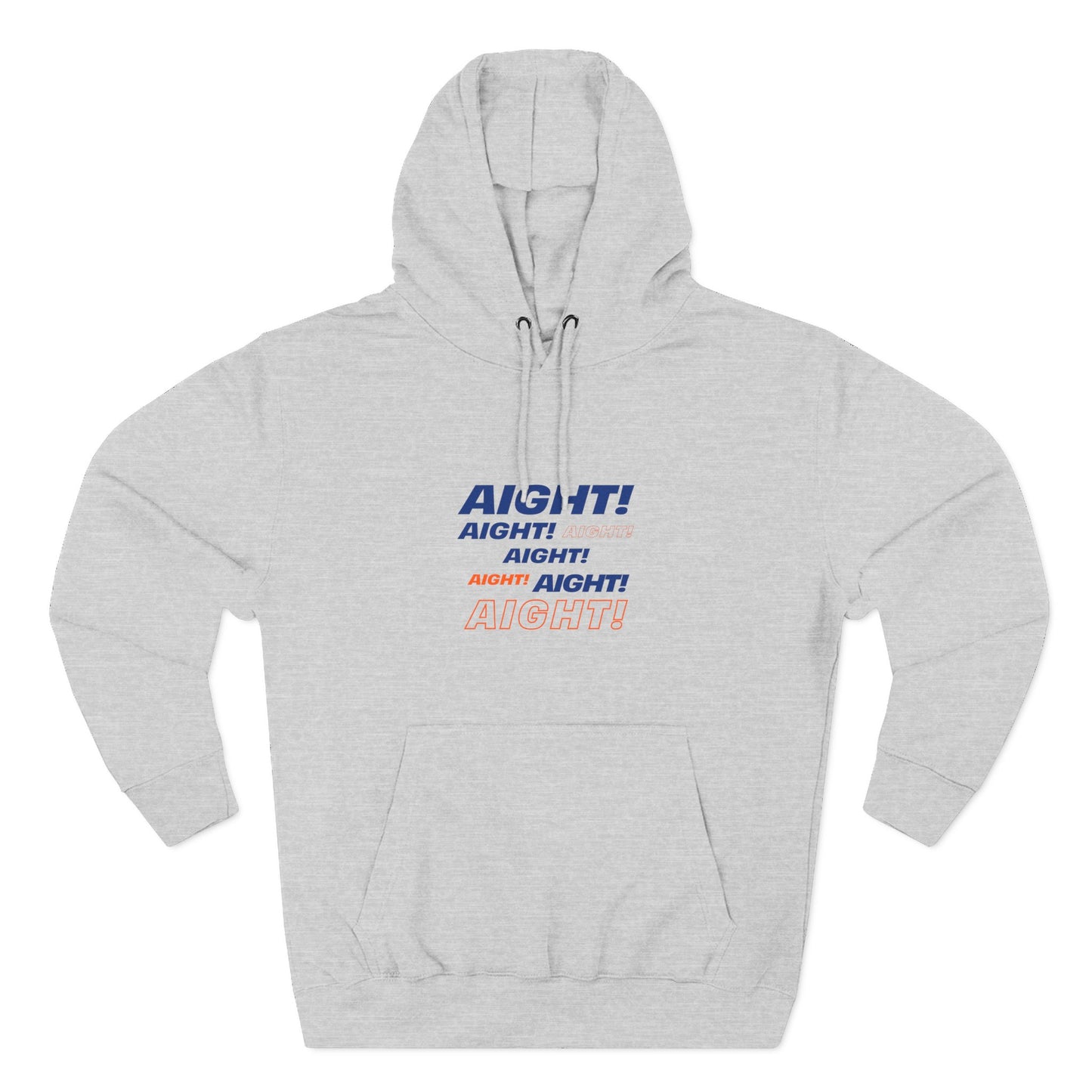 Flat lay of gray AIGHT hoodie with blue and orange text on plain background