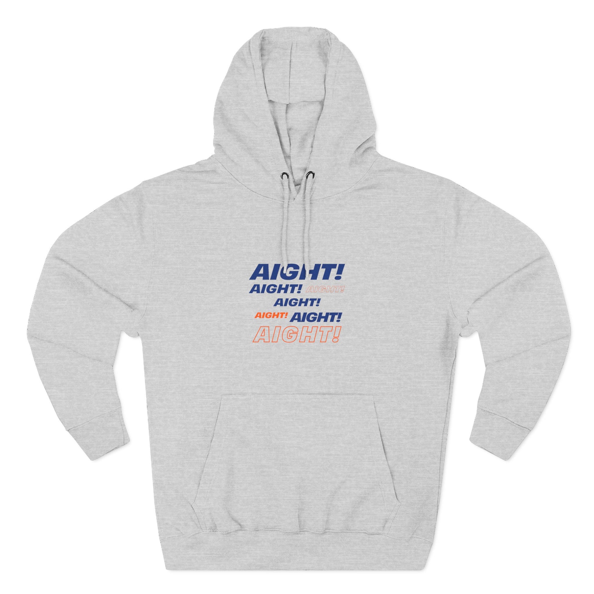 Flat lay of gray AIGHT hoodie with blue and orange text on plain background
