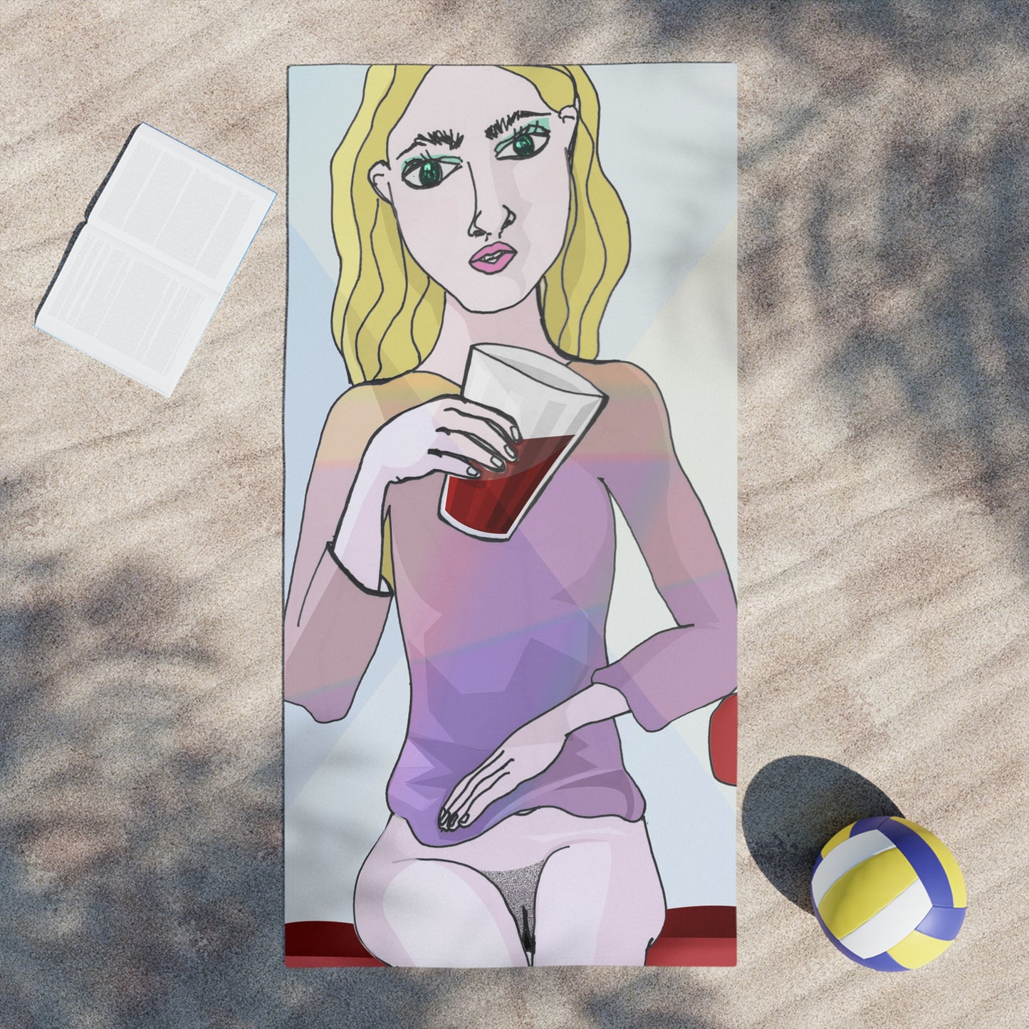 Koka Cola Girl Beach Towel placed on wooden deck with sandals and a drink nearby.