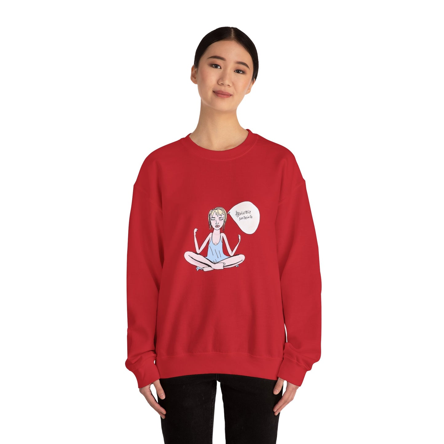 Model wearing red Log Out sweatshirt front view